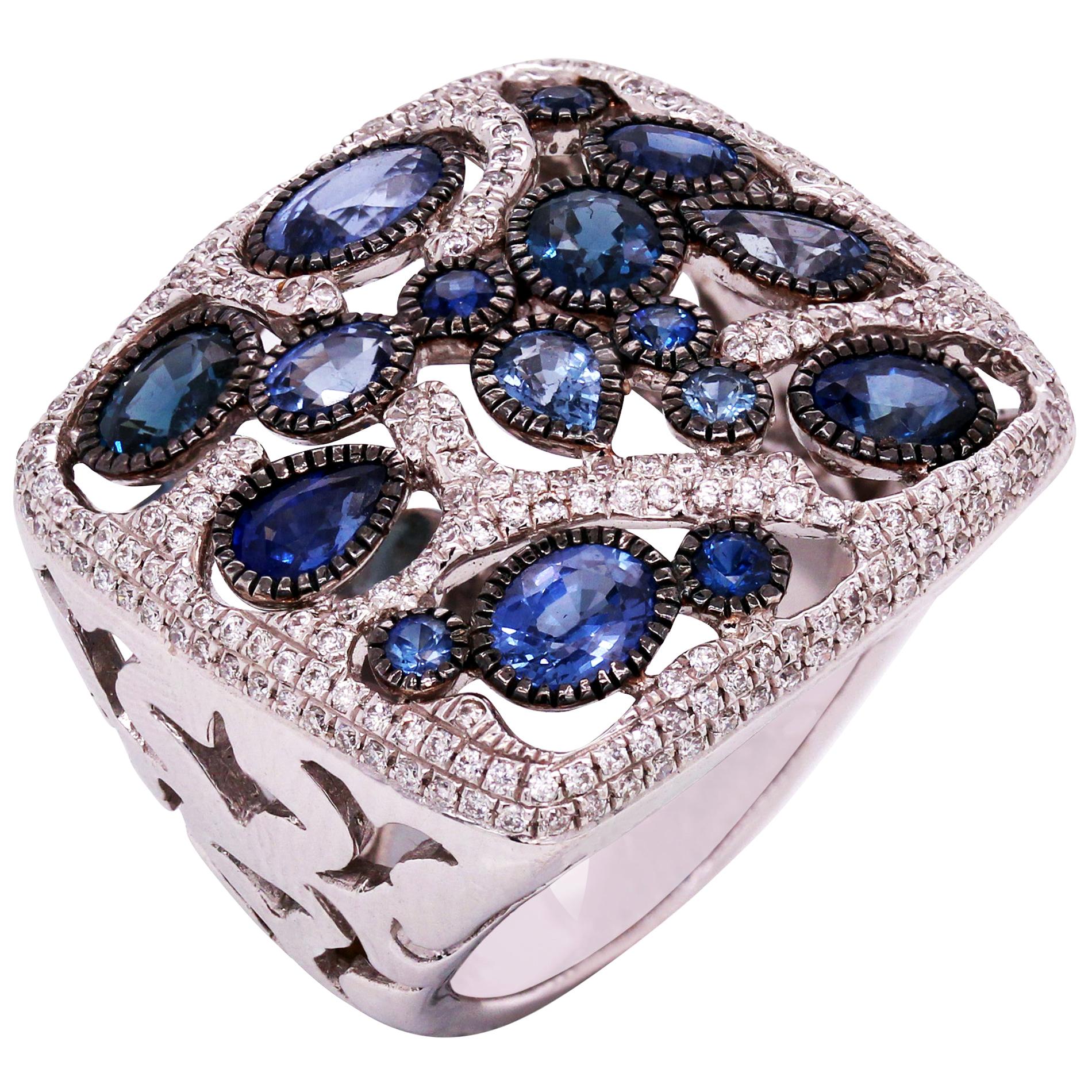 Blue Sapphire and Diamond Square Ring