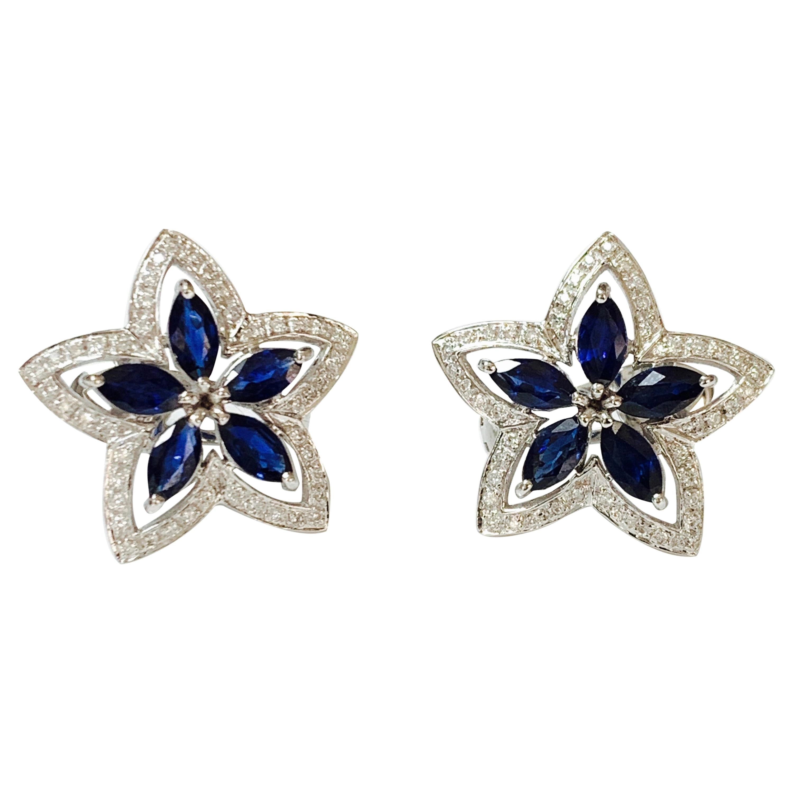 Blue Sapphire and Diamond Star Stud Earrings in 18 Karat White Gold For Sale