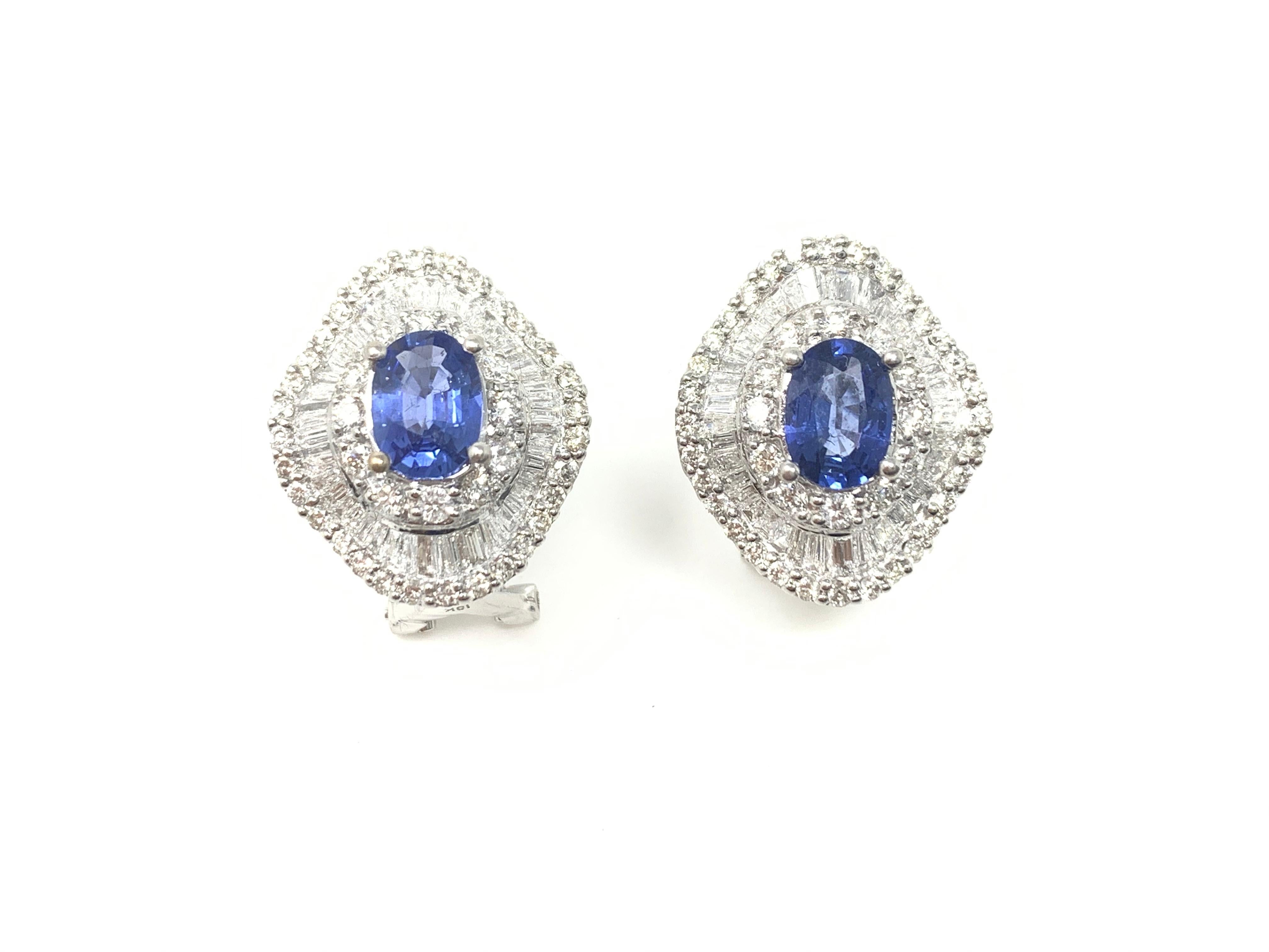 Moguldiam Inc blue sapphire and diamond stud earrings in 18K White gold. 

Blue Sapphire Weight : 2.02 carat 
White Diamond Weight : 0.93 carat 
Metal : 18 K White Gold 
