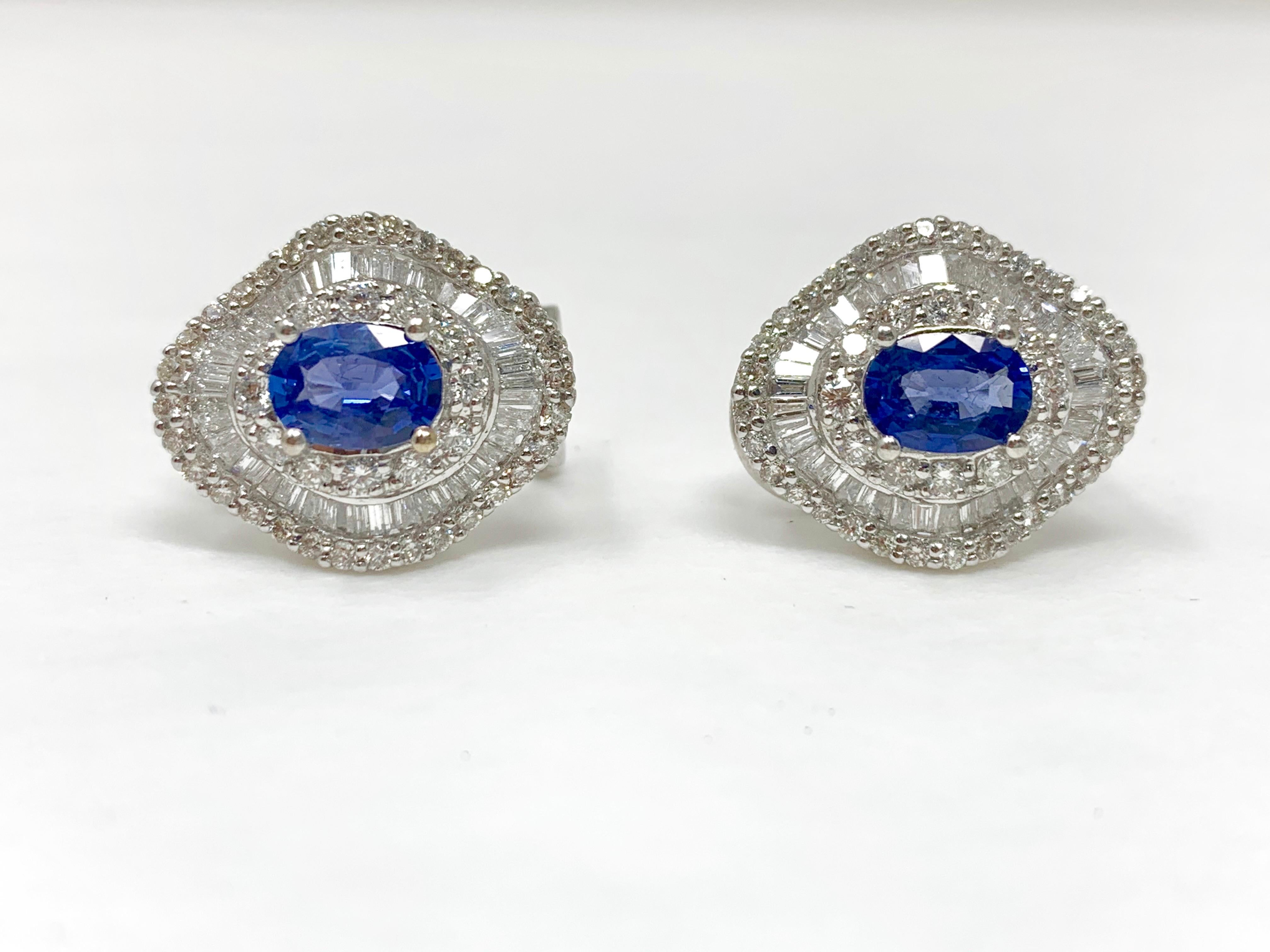 Oval Cut Blue Sapphire and Diamond Stud Earrings in 18 Karat White Gold