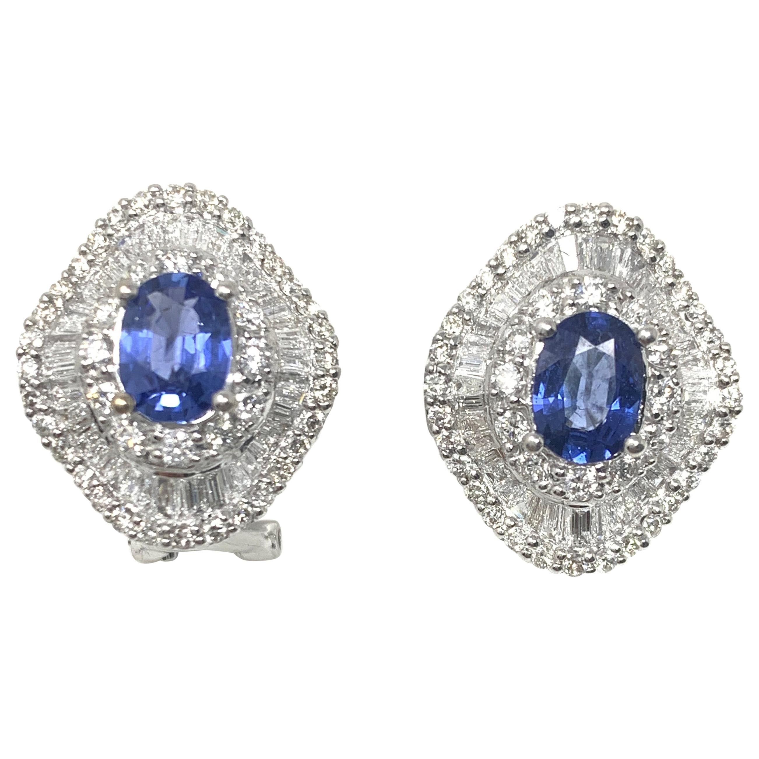 Blue Sapphire and Diamond Stud Earrings in 18 Karat White Gold