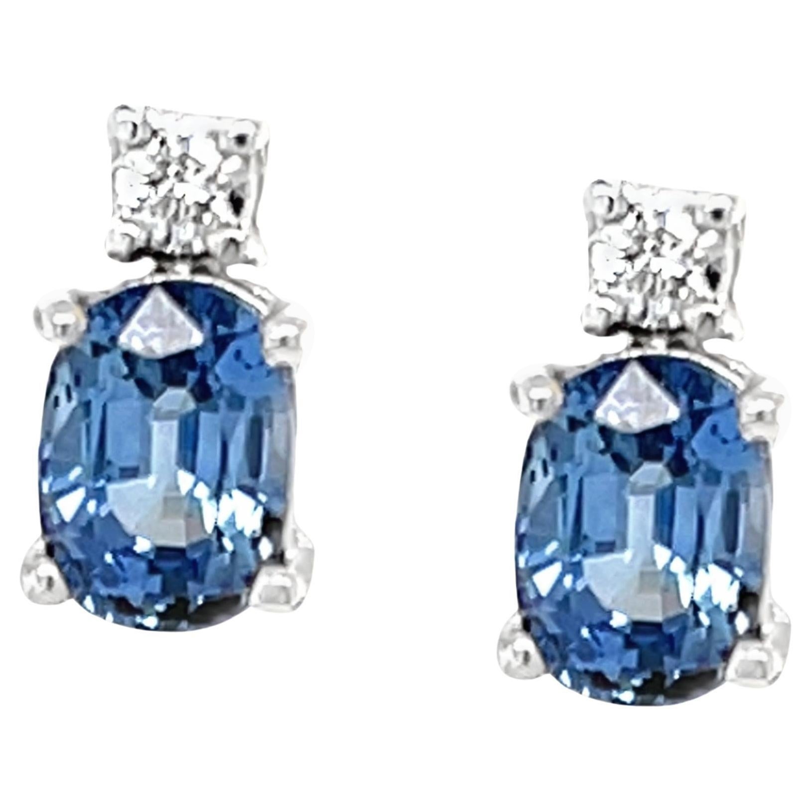 Blue Sapphire and Diamond Stud Earrings in 18k White Gold 2.56 Carats Total For Sale