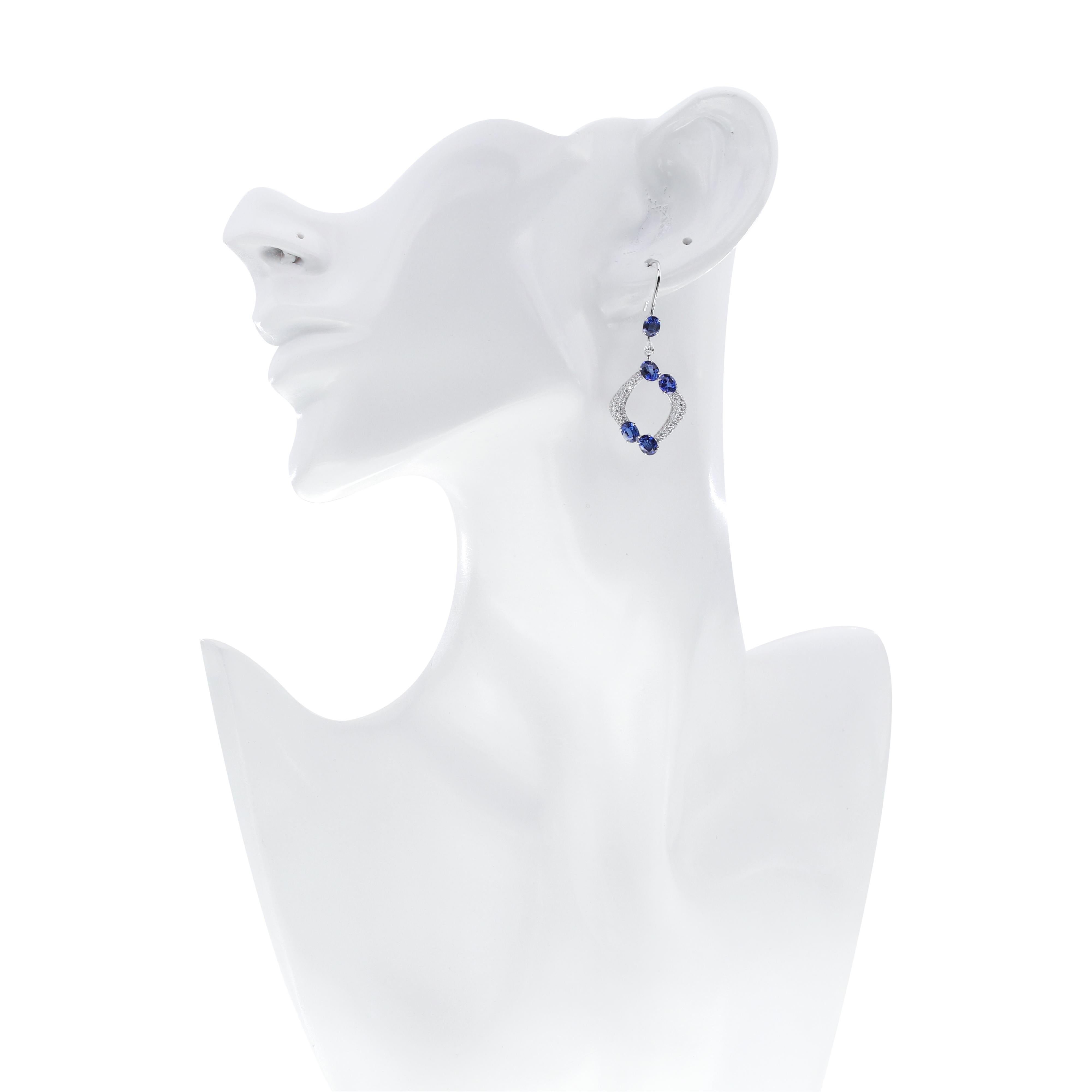 Women's Blue Sapphire and Diamond Studded Earrings in 18 Karat White Gold For Sale