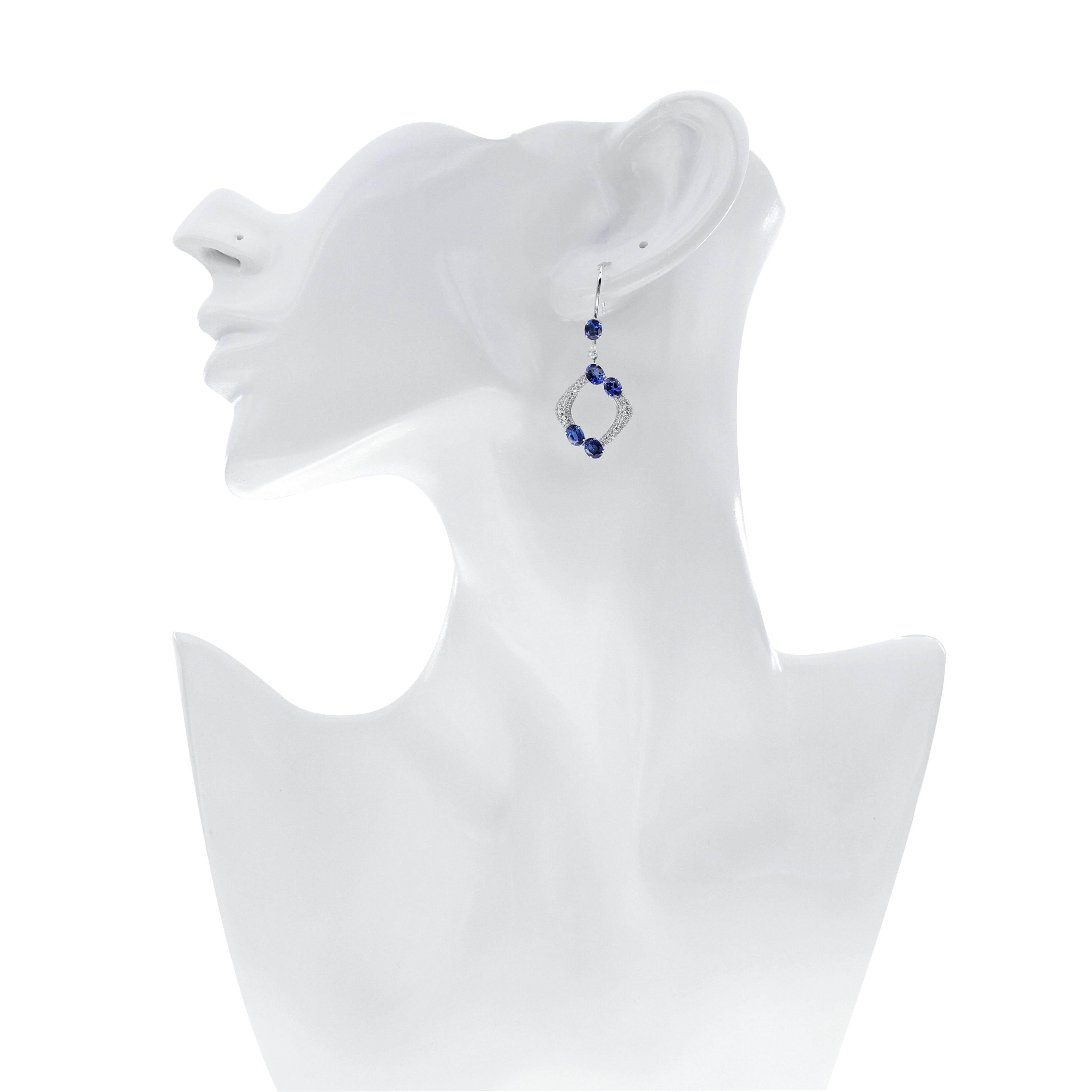 Blue Sapphire and Diamond Studded Earrings in 18 Karat White Gold For Sale 1