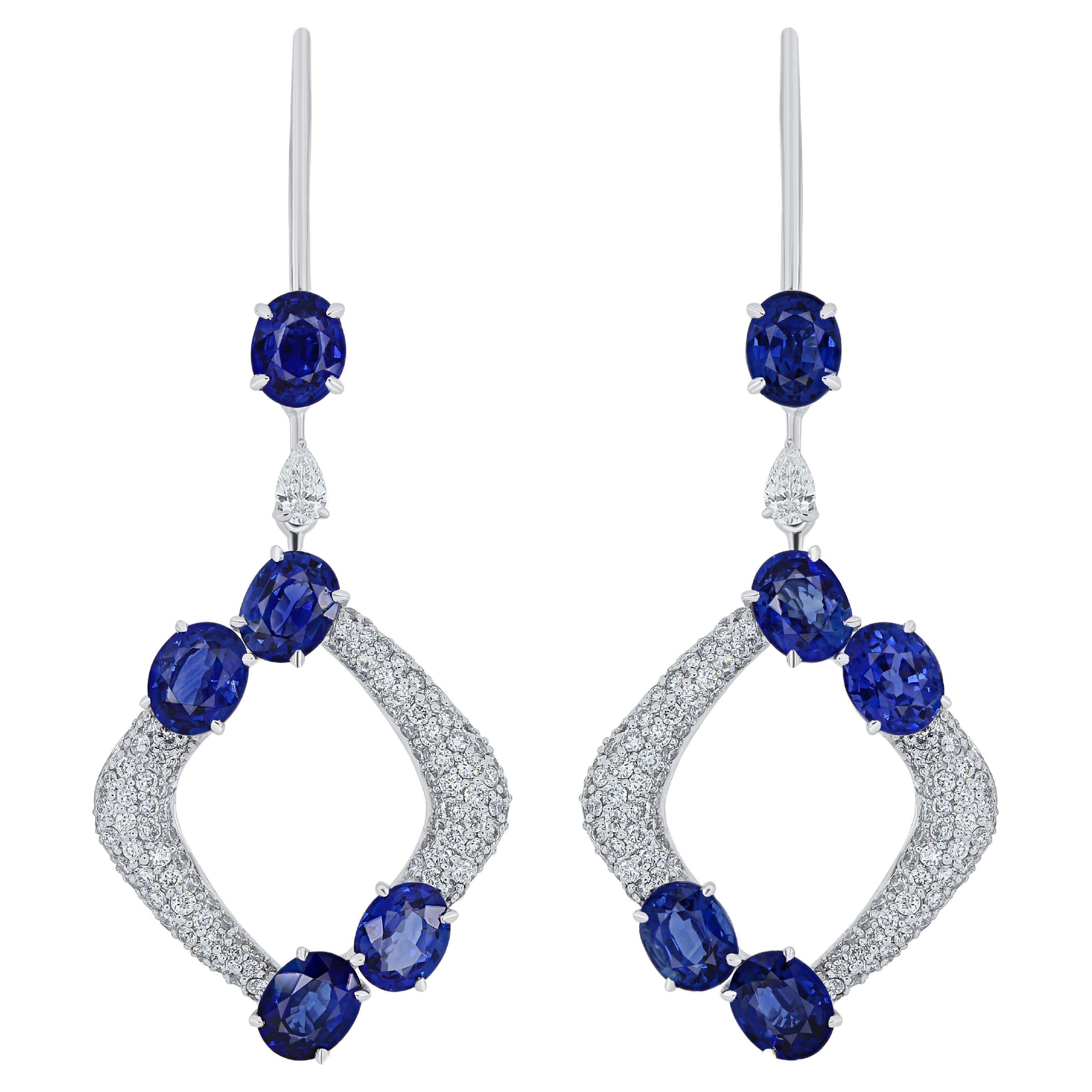 Blue Sapphire and Diamond Studded Earrings in 18 Karat White Gold For Sale