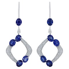 Blue Sapphire and Diamond Studded Earrings in 18 Karat White Gold