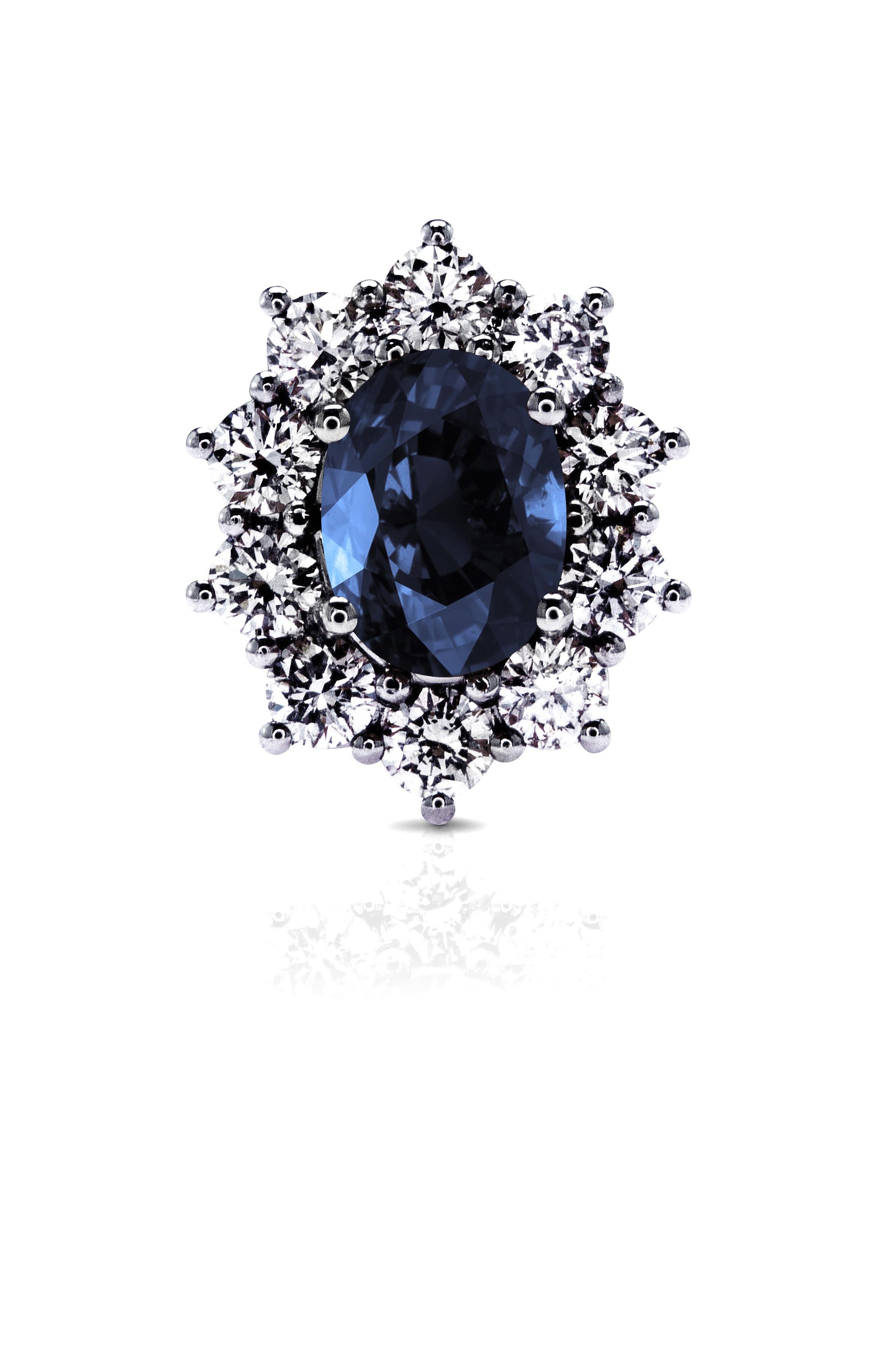 These 2.48 Carat Blue Sapphire 1.63 Ct Diamond stud earrings are set in 18Kt white Gold and from the Sunflower Grand collection. 

The studs are designed with the Sunflower concept, to radiate light and beauty. With a deep Blue Sapphire in the bud