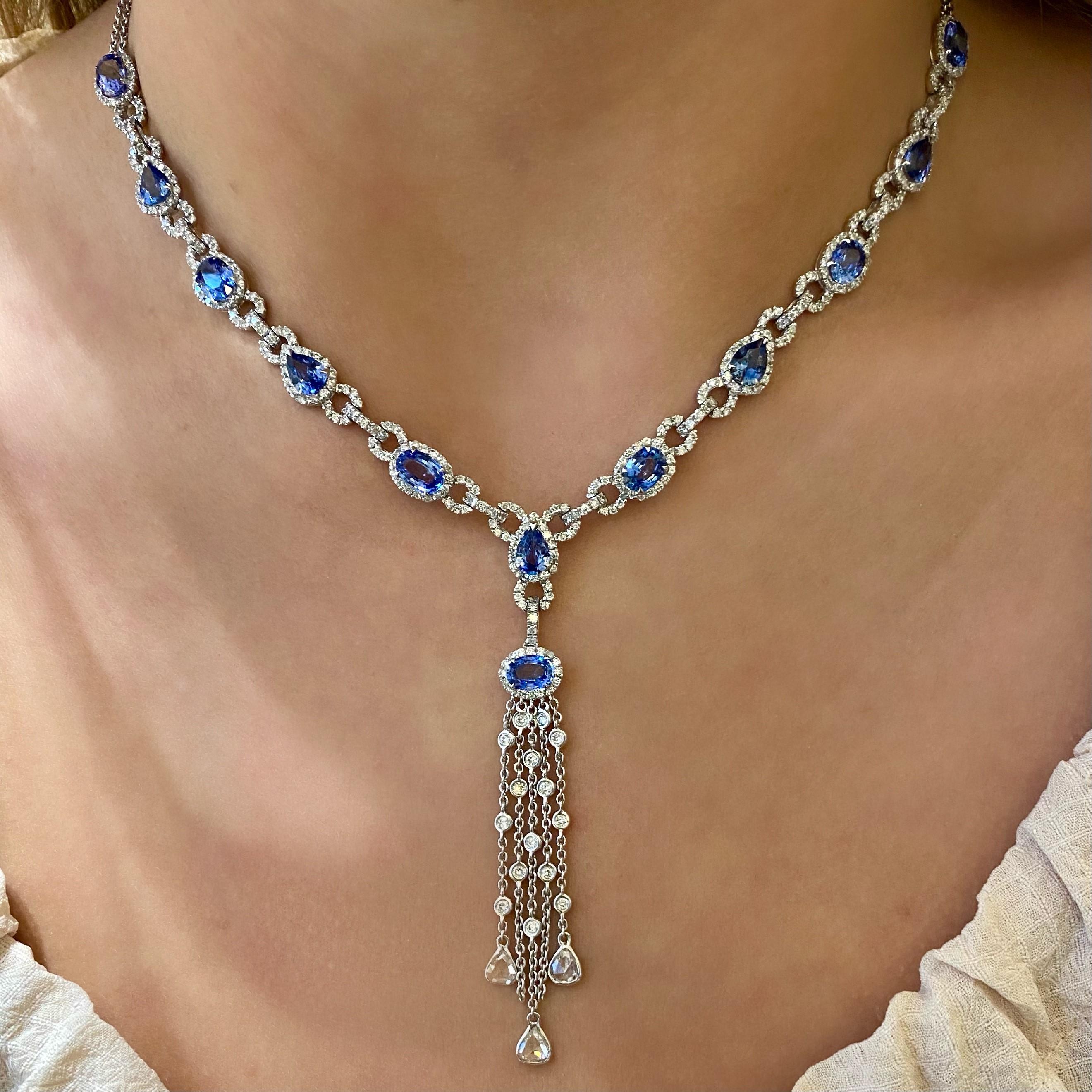 Romantic  Tassel Necklace Diamond and Blue Sapphire 18 Kt White Gold