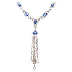  Tassel Necklace Diamond and Blue Sapphire 18 Kt White Gold
