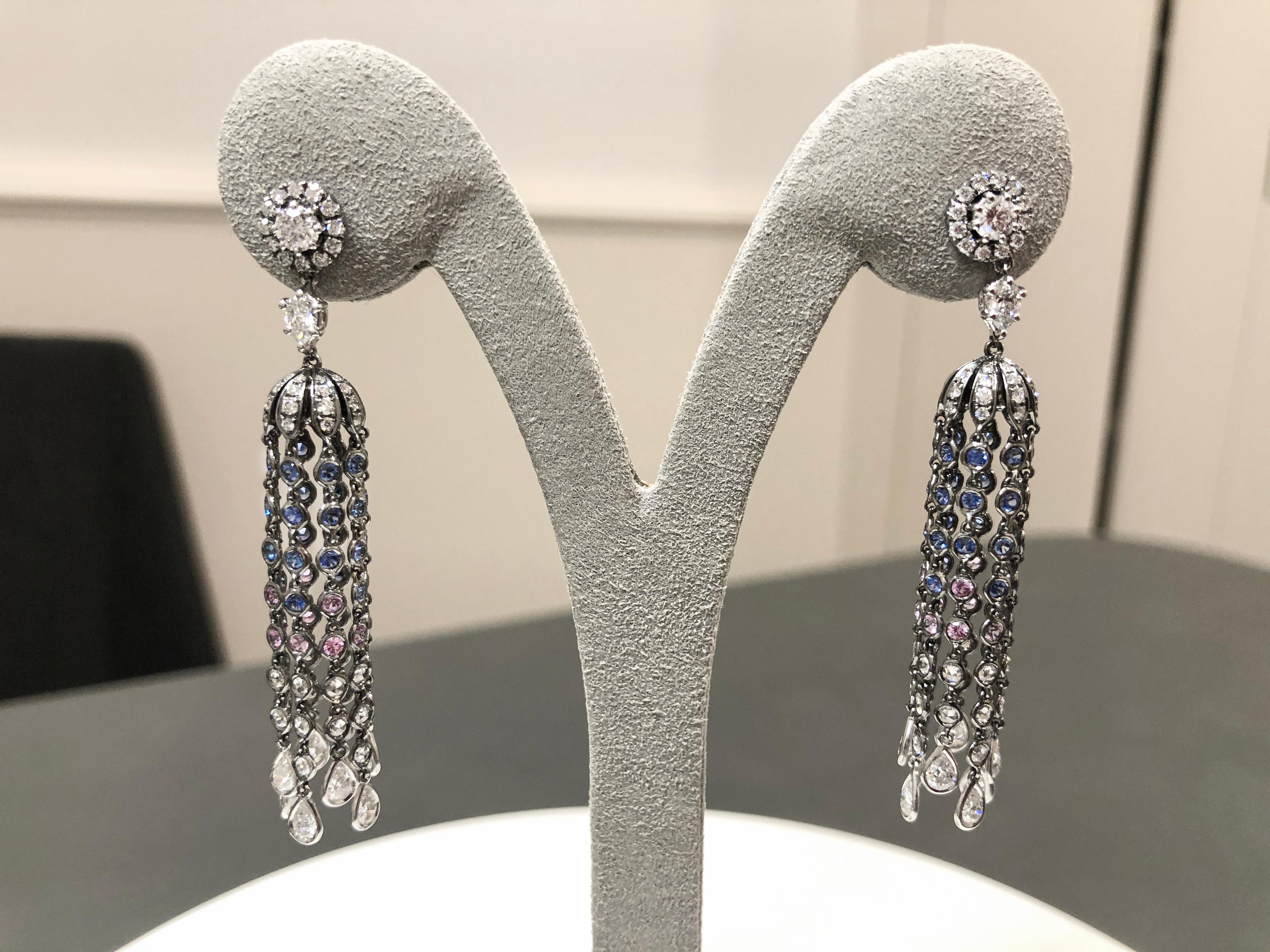 Modern Roman Malakov 3.57 Carats Diamond and Blue Sapphire Chandelier Tassel Earrings For Sale
