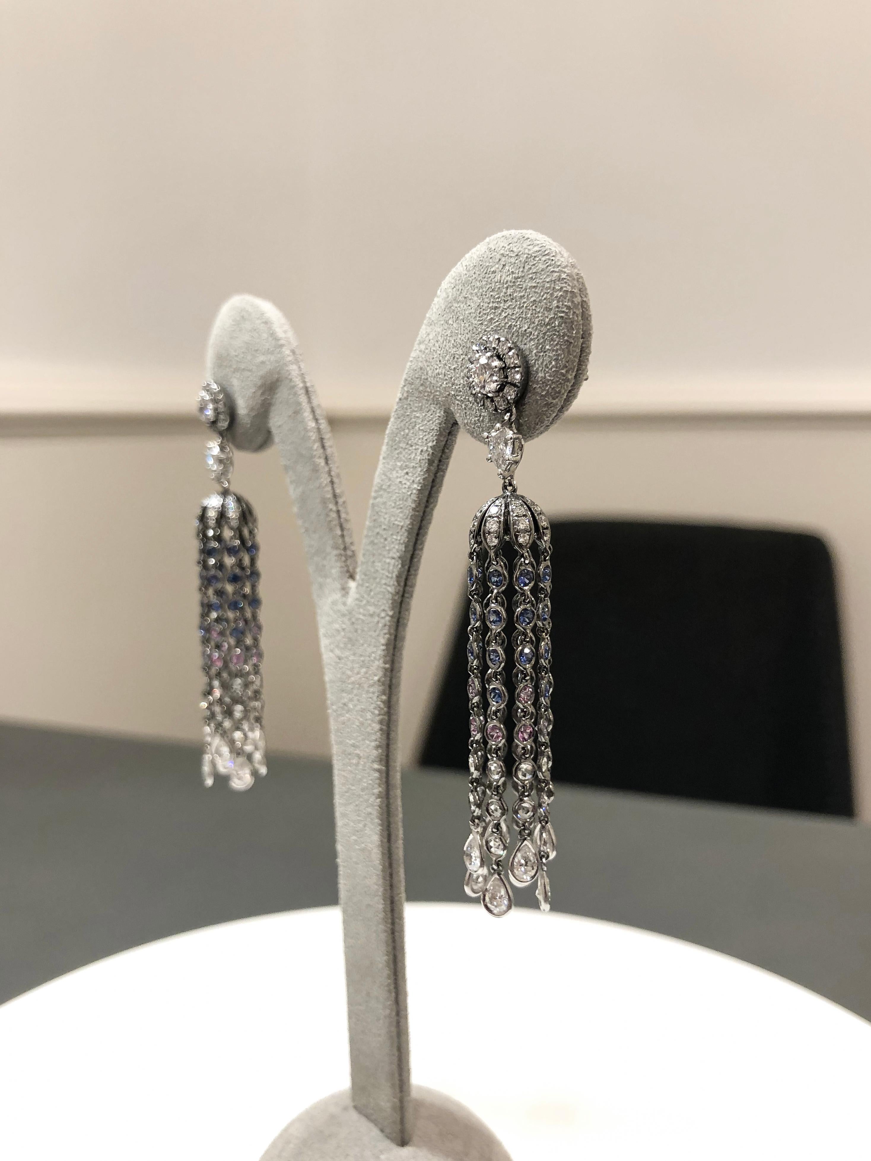Round Cut Roman Malakov 3.57 Carats Diamond and Blue Sapphire Chandelier Tassel Earrings For Sale