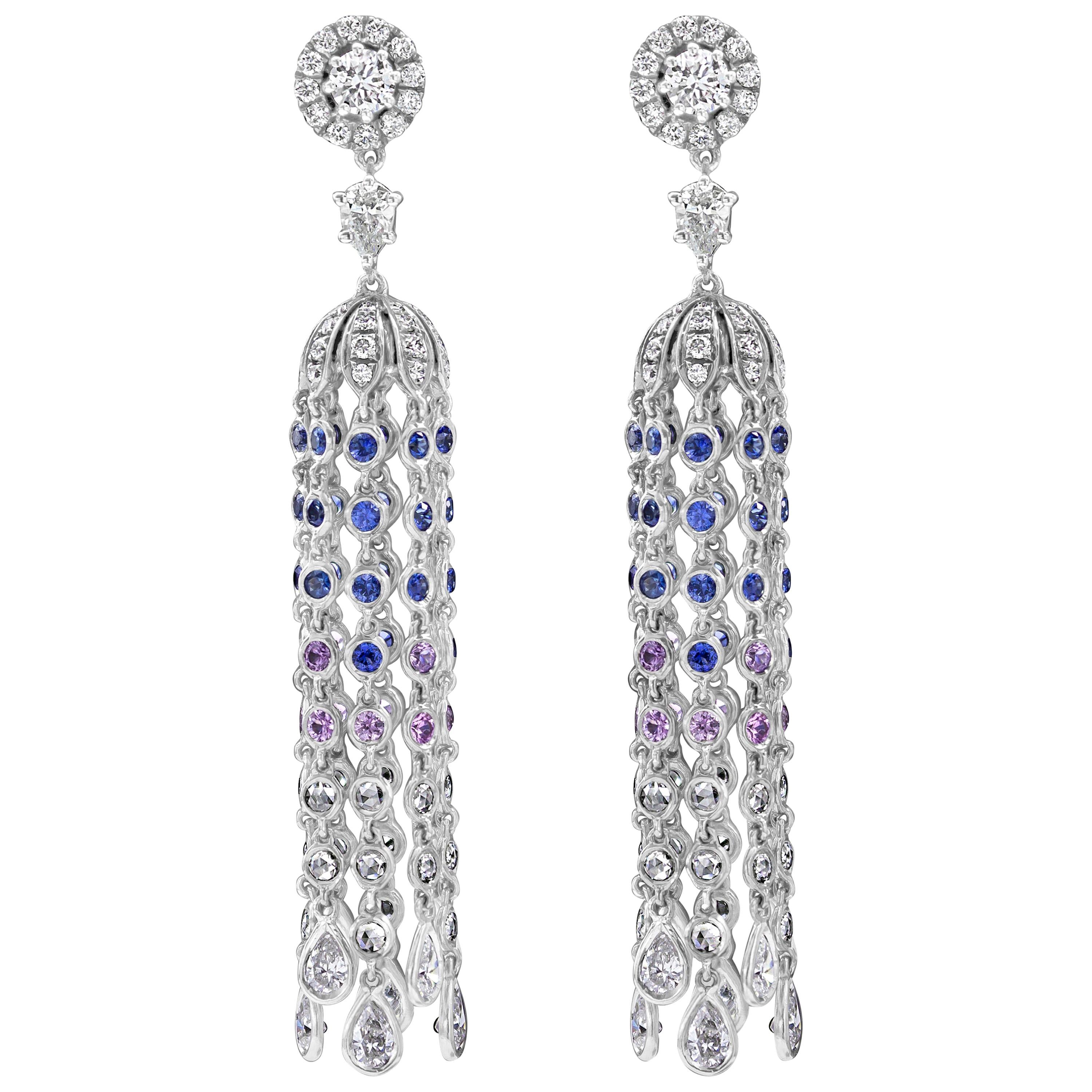 Roman Malakov 3.57 Carats Diamond and Blue Sapphire Chandelier Tassel Earrings For Sale