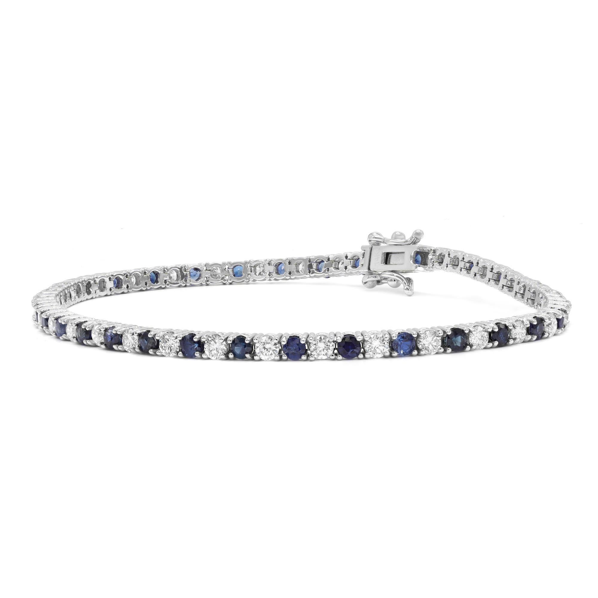 Ein klassisches und elegantes Tennisarmband mit 67 natürlichen Saphiren und Diamanten im Brillantschliff mit einem Gesamtgewicht von 3,40 Karat. Gute Qualität Diamant, G-H Farbe, VS-SI Klarheit Steine sind makellos und funkelnd. Dieses zeitlose
