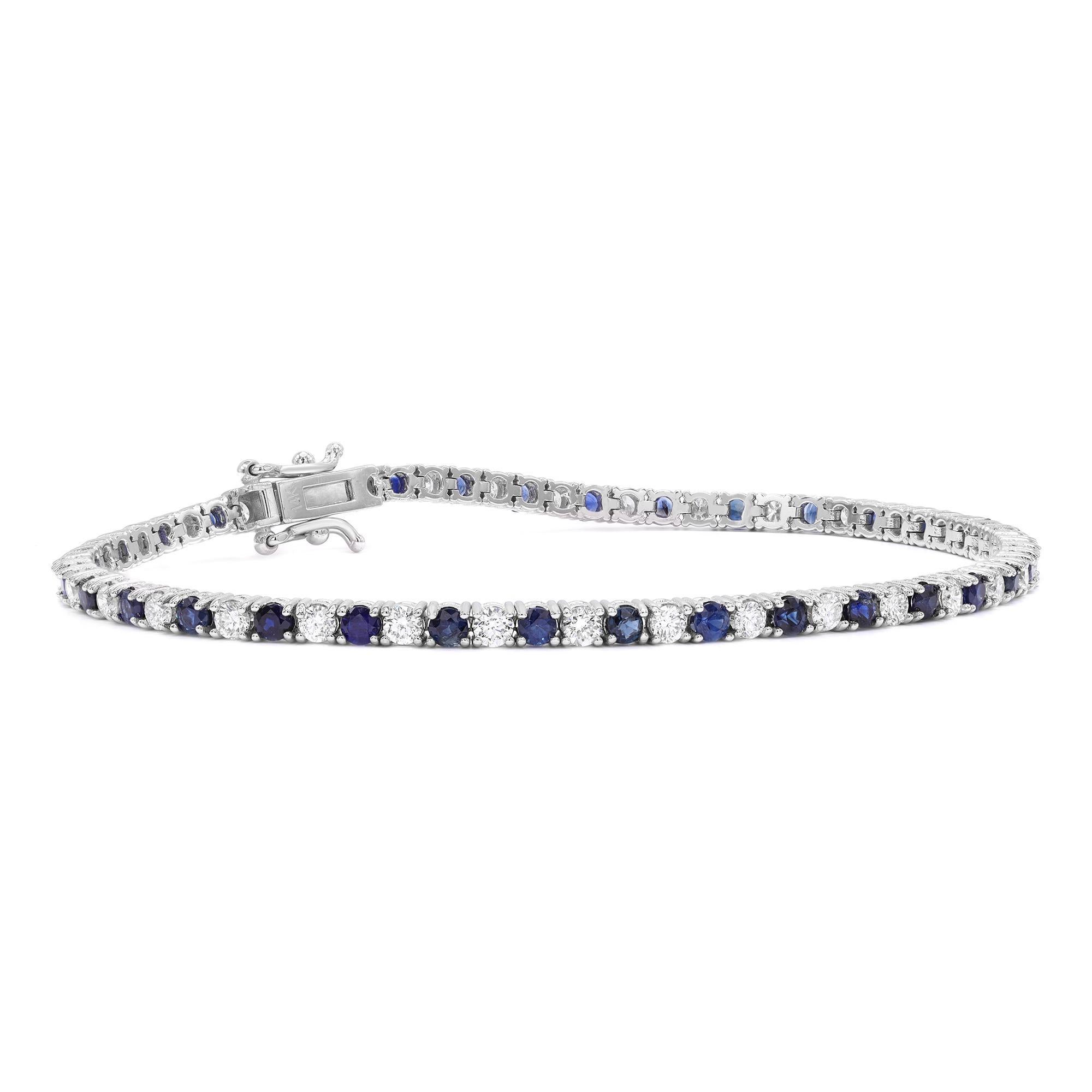 Tennisarmband aus 14 Karat Weißgold mit blauem Saphir und Diamant 3,40 Karat Gesamtkaratgewicht (Moderne) im Angebot