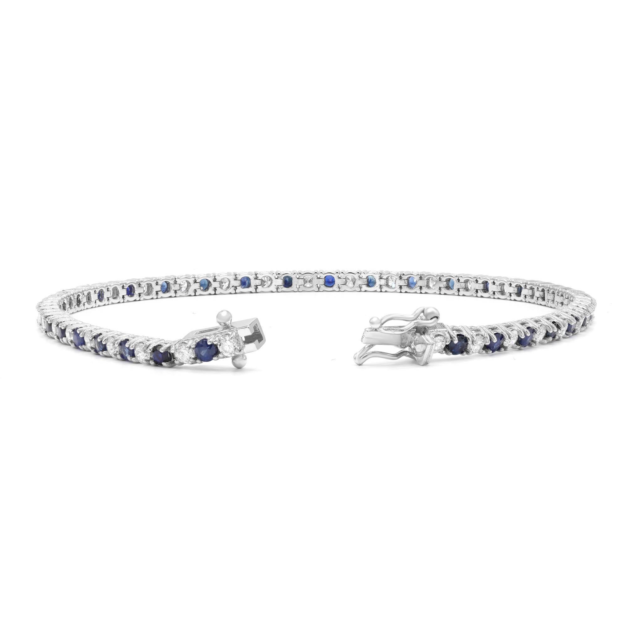 Tennisarmband aus 14 Karat Weißgold mit blauem Saphir und Diamant 3,40 Karat Gesamtkaratgewicht (Rundschliff) im Angebot