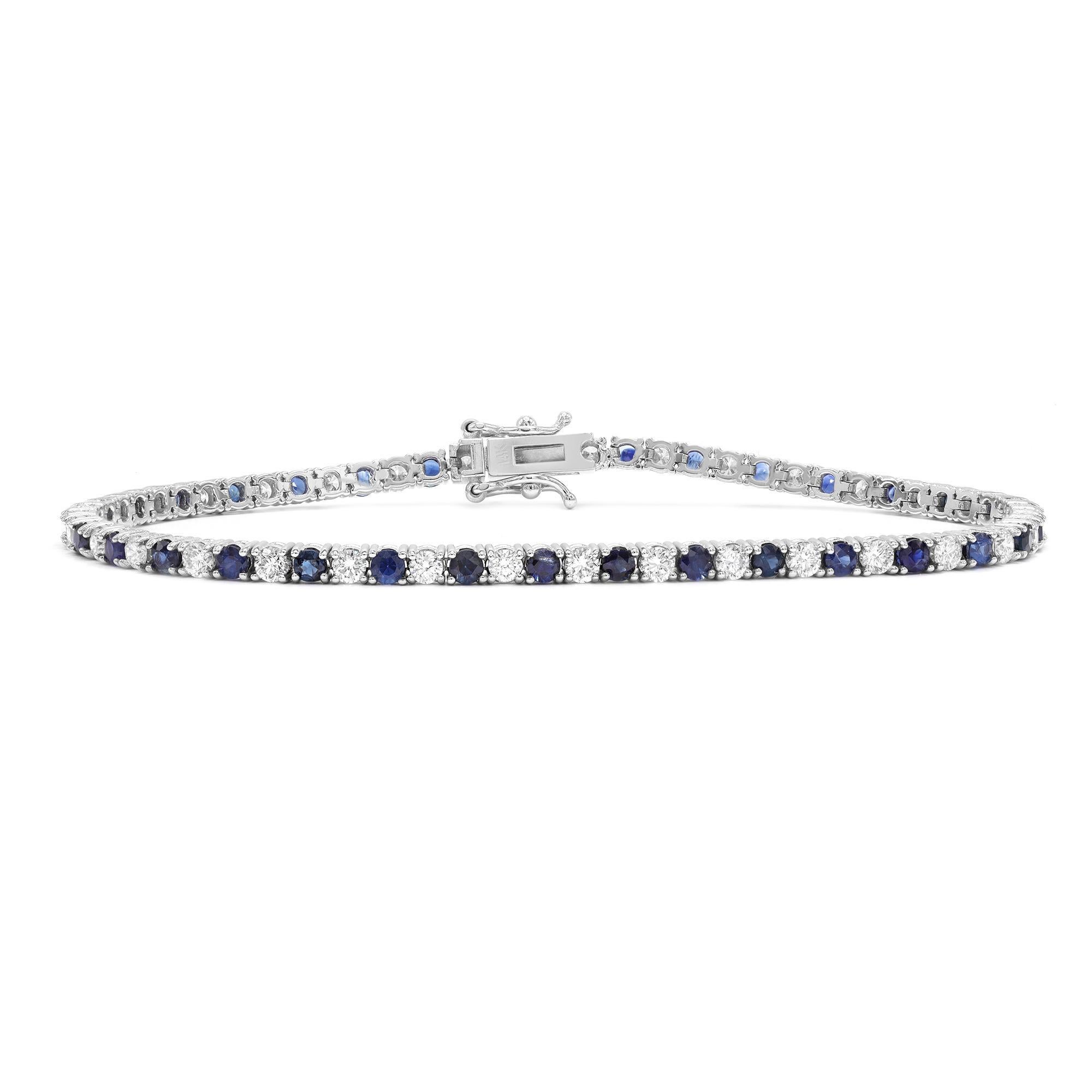 Blue Sapphire And Diamond Tennis Bracelet 14K White Gold 3.40cttw