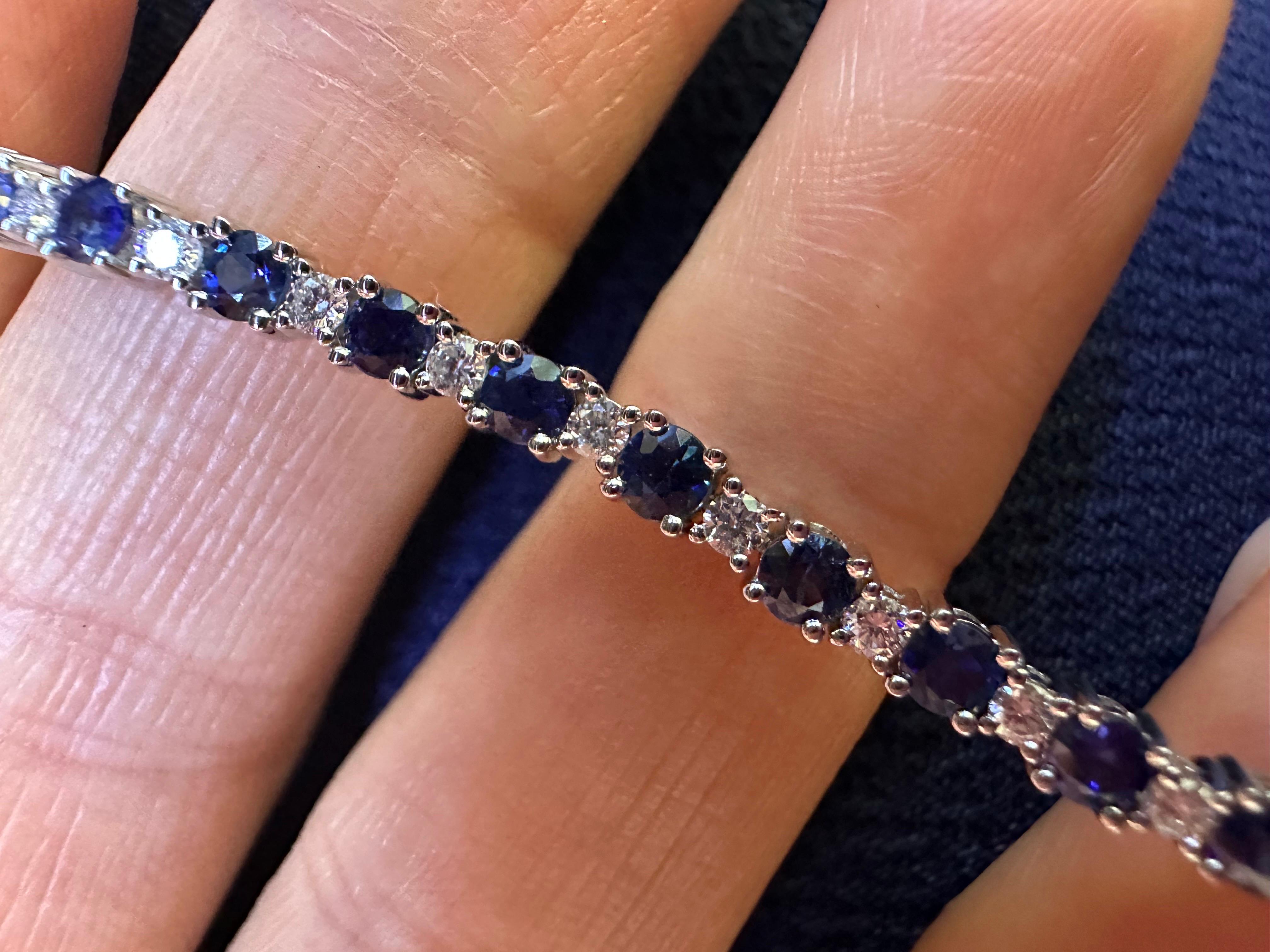 Blue sapphire and diamond tennis bracelet 18KT white gold 7