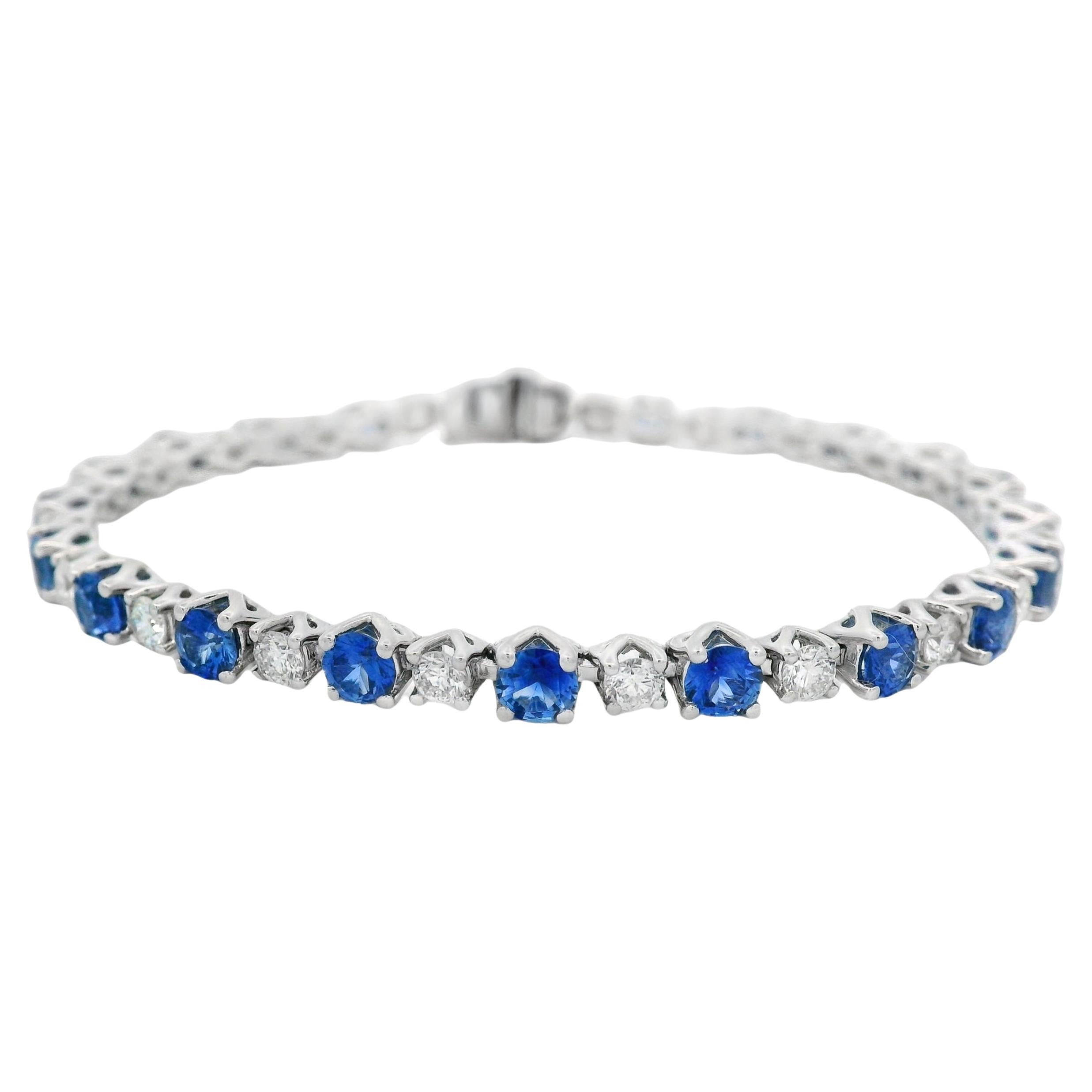 Zafiro Azul y Diamante Pulsera de Tenis en Oro Blanco de 14K 7 Pulgadas en venta
