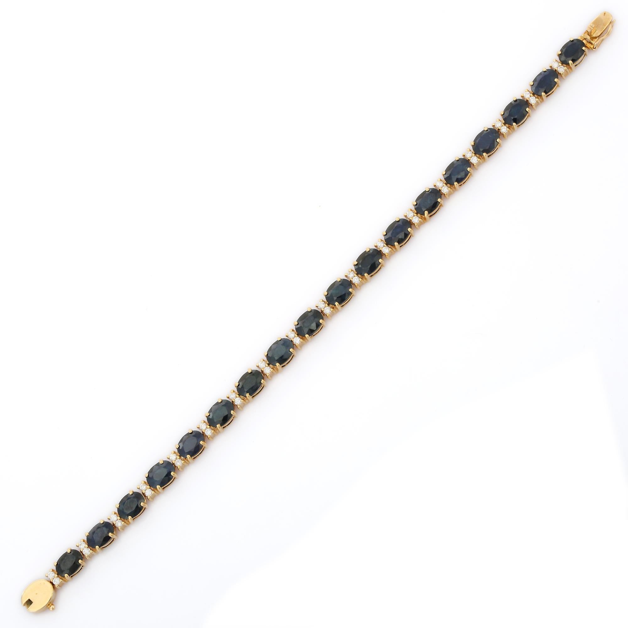 Art Deco Deep Blue Sapphire and Diamond Tennis Bracelet in 14k Solid Yellow Gold For Sale
