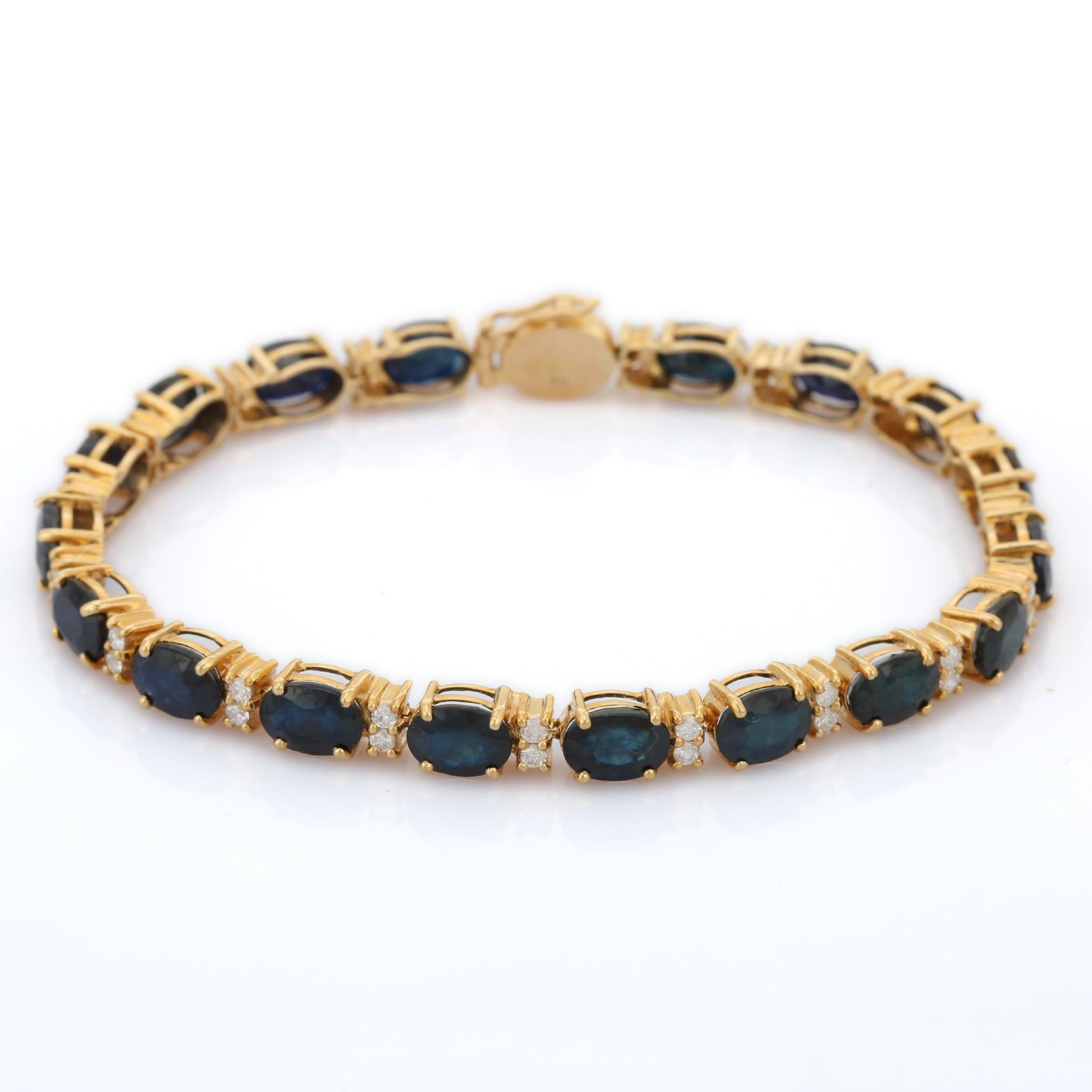 Oval Cut Blue Sapphire and Diamond Tennis Bracelet in 14K Yellow Gold