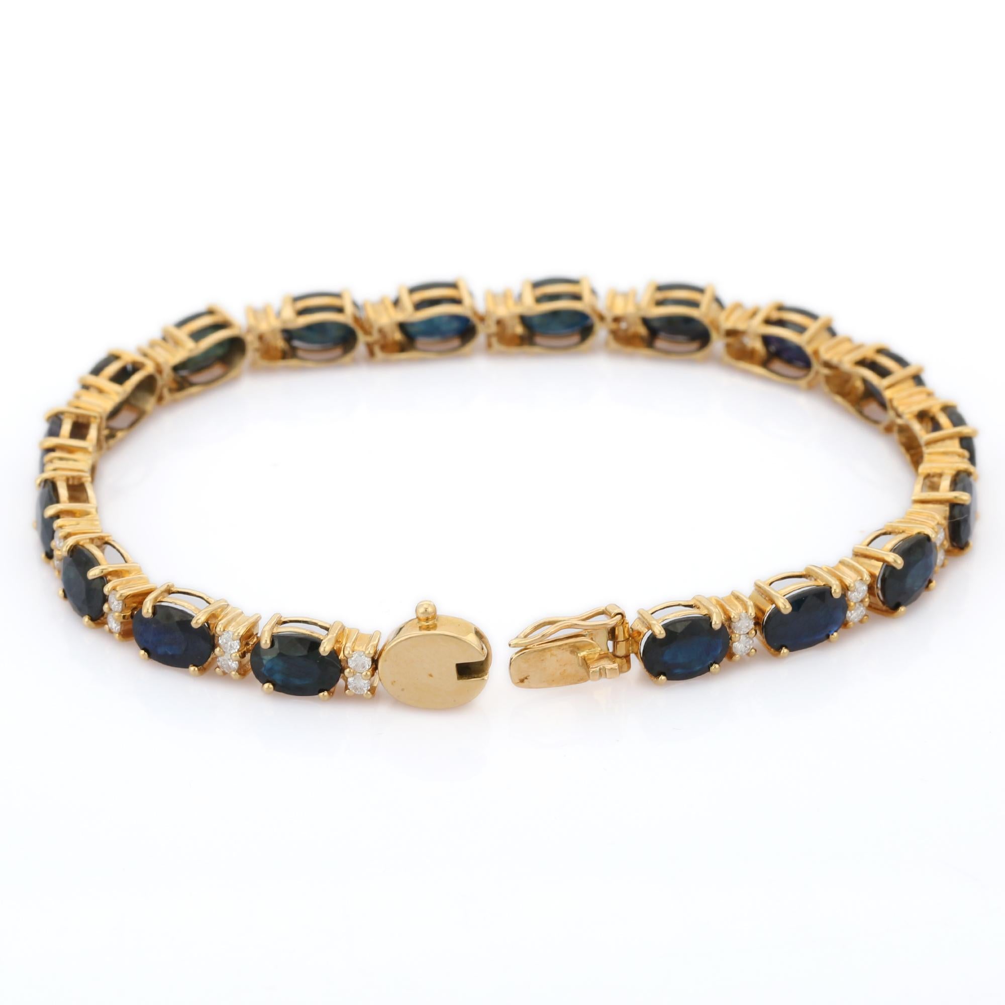 Deep Blue Sapphire and Diamond Tennis Bracelet in 14k Solid Yellow Gold In New Condition For Sale In Houston, TX