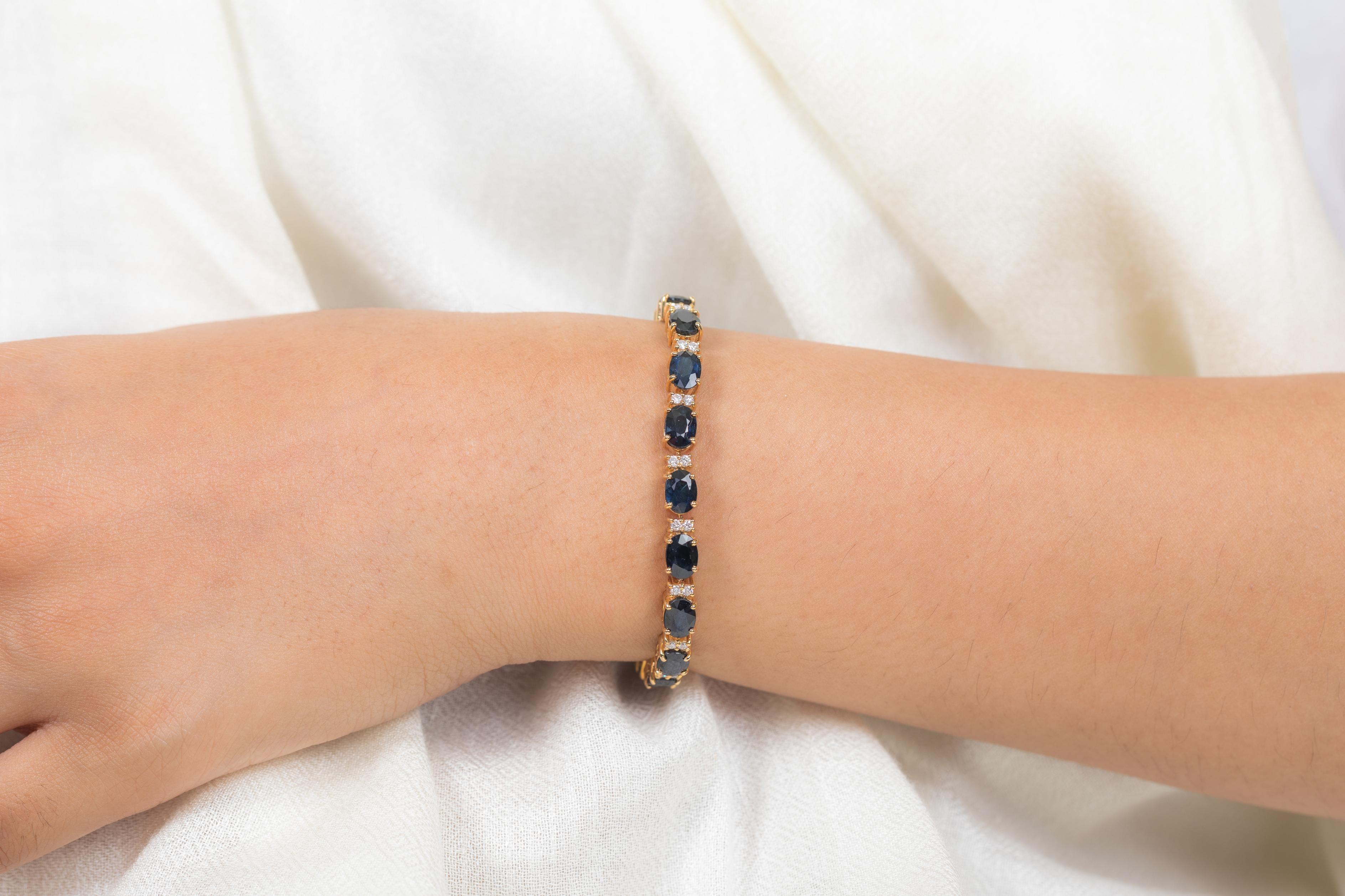 Modern Blue Sapphire and Diamond Tennis Bracelet in 14K Yellow Gold