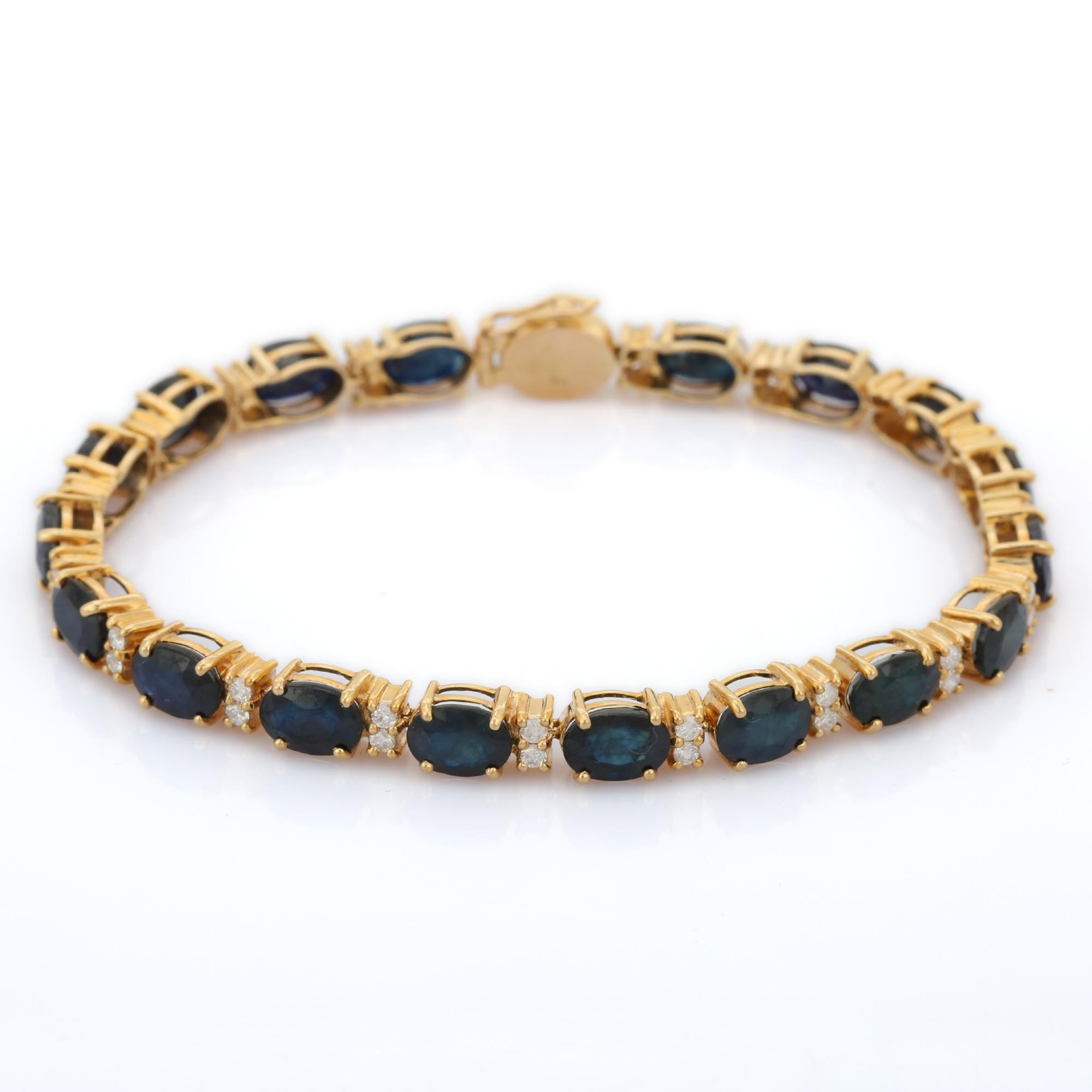 Bracelet tennis en or jaune massif 14 carats avec saphir bleu profond et diamants en vente 1