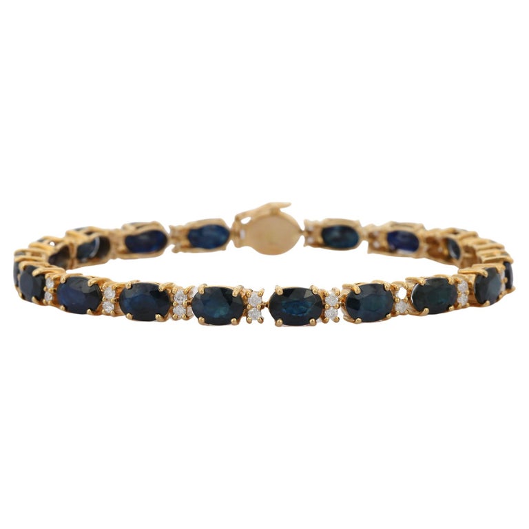 Blue Sapphire and Diamond Tennis Bracelet in 14K Yellow Gold For Sale