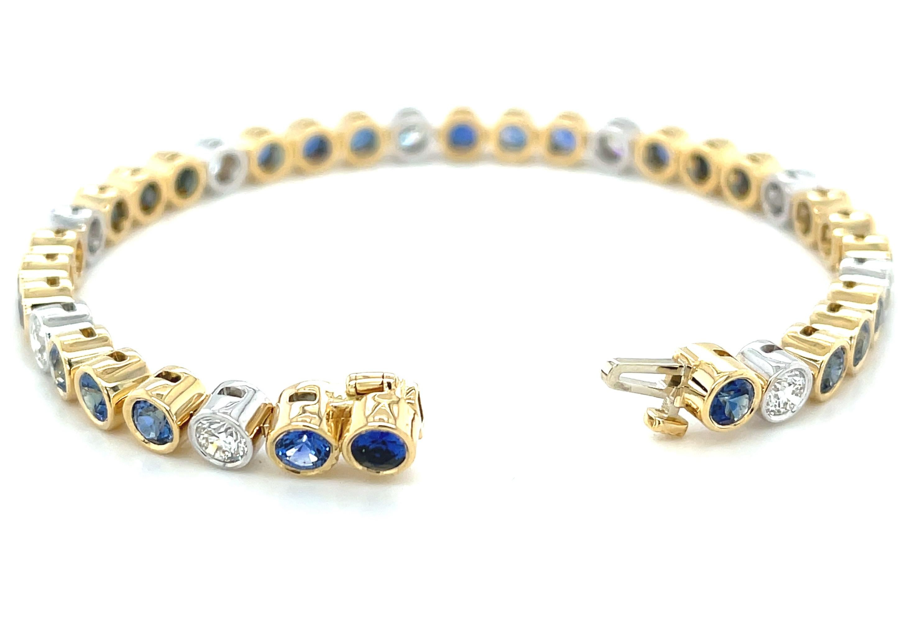 Artisan  Blue Sapphire and Diamond Tennis Bracelet in 18k Gold, 7.49 Carats Total For Sale