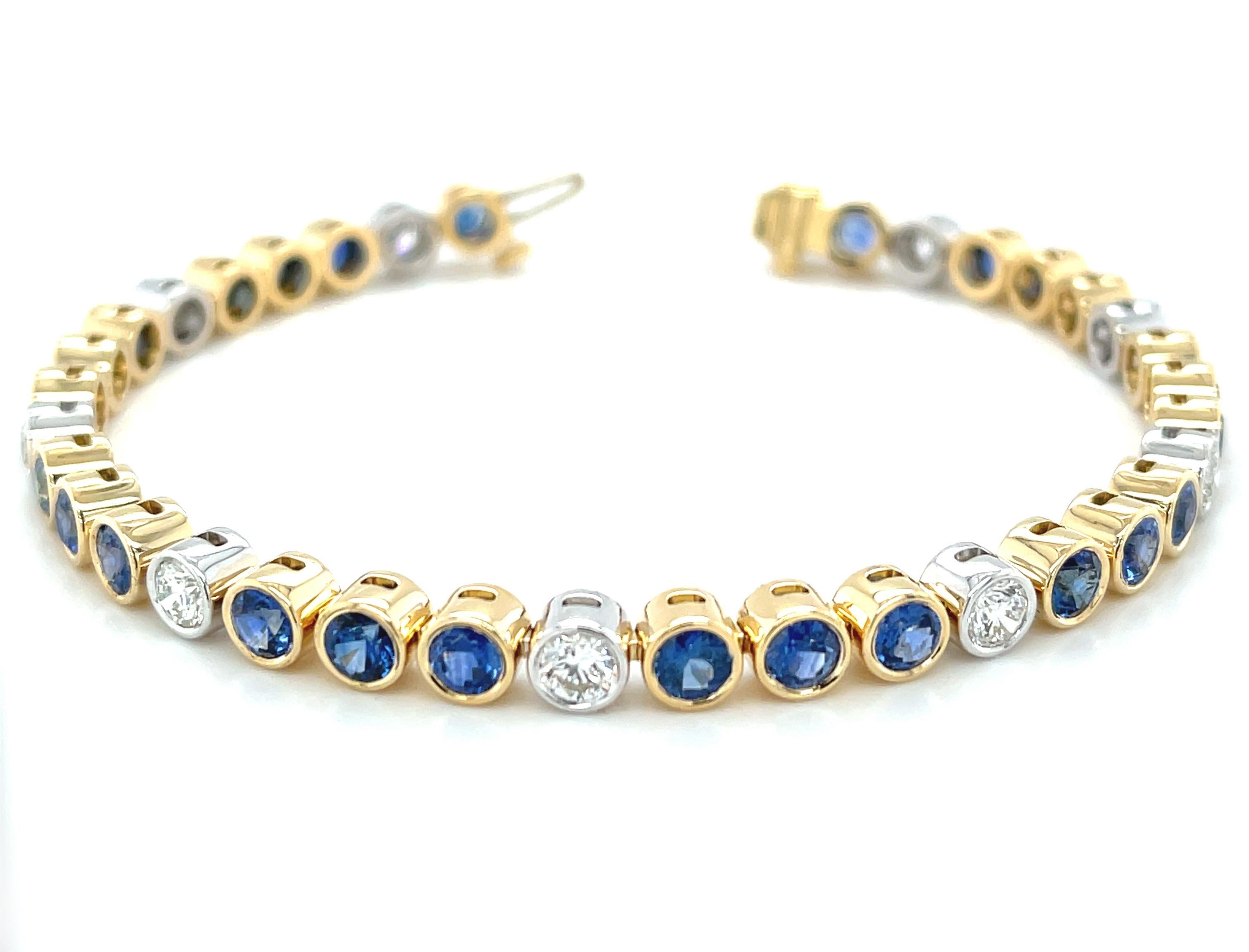 Round Cut  Blue Sapphire and Diamond Tennis Bracelet in 18k Gold, 7.49 Carats Total For Sale