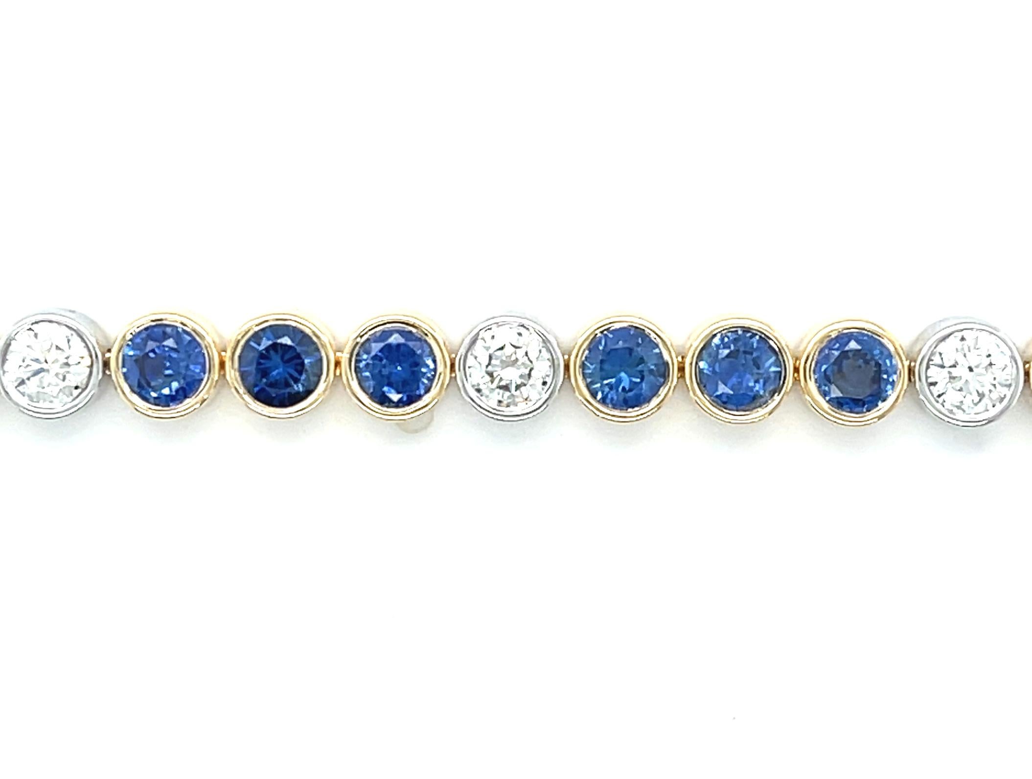  Blue Sapphire and Diamond Tennis Bracelet in 18k Gold, 7.49 Carats Total In New Condition For Sale In Los Angeles, CA
