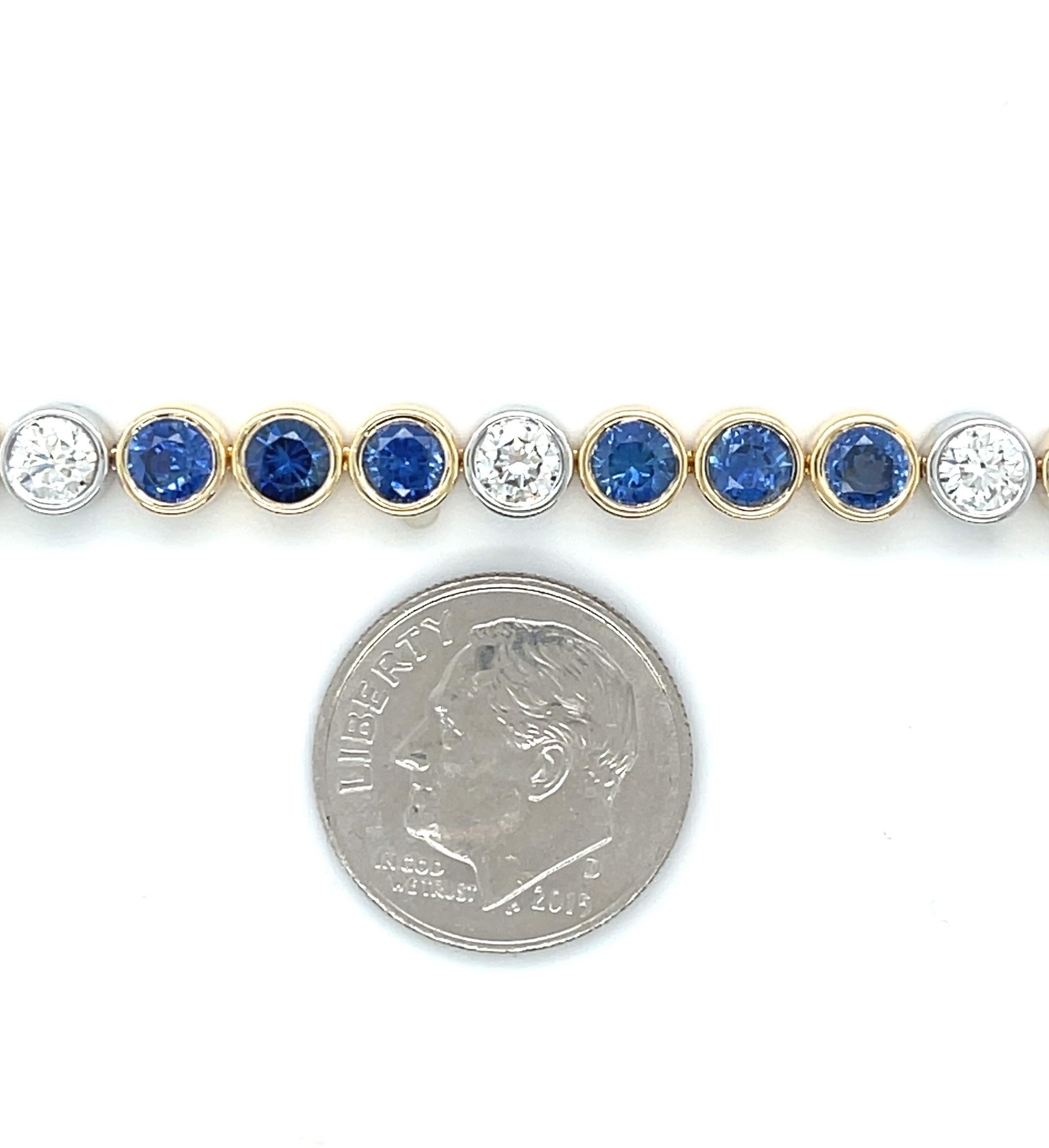  Blue Sapphire and Diamond Tennis Bracelet in 18k Gold, 7.49 Carats Total For Sale 1