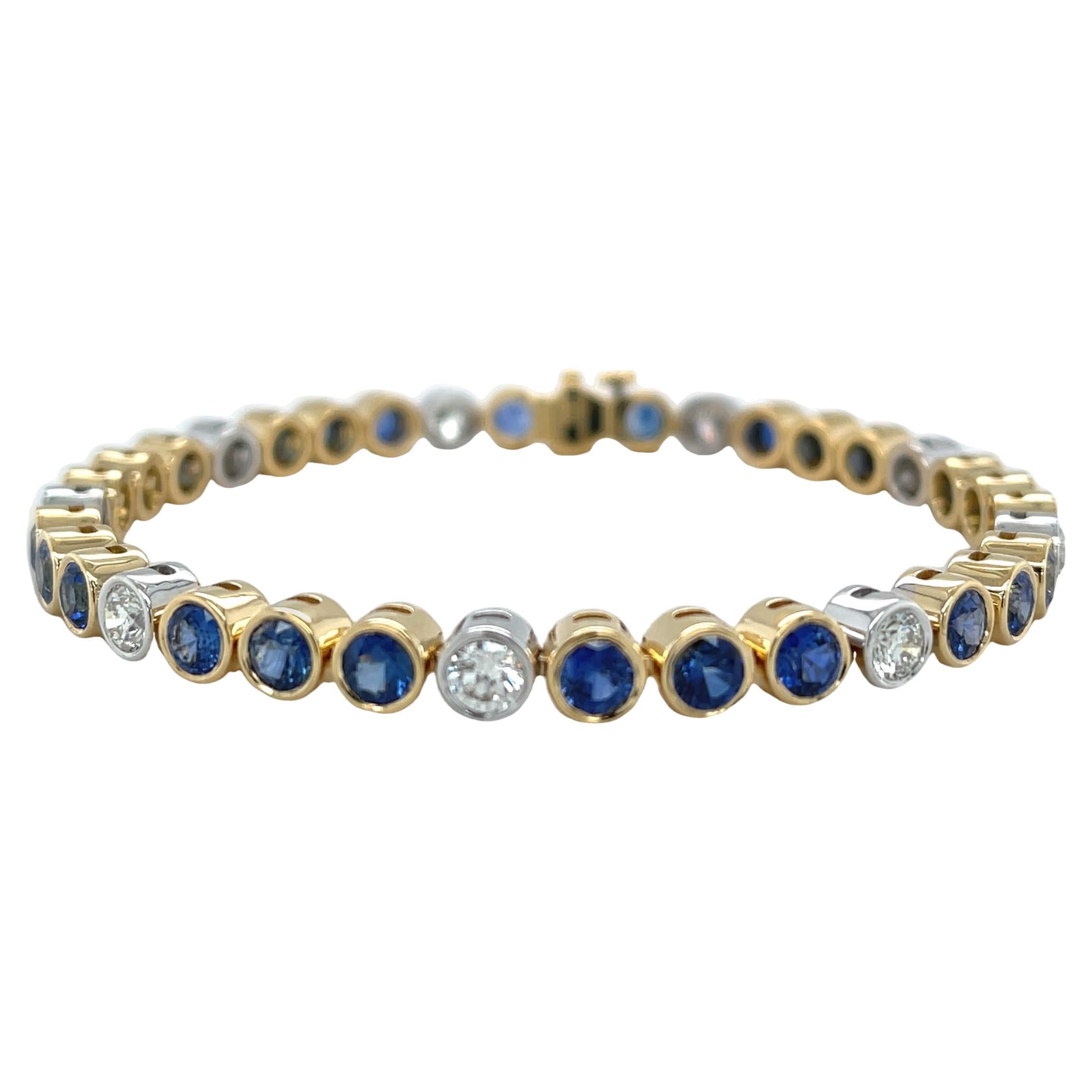  Blue Sapphire and Diamond Tennis Bracelet in 18k Gold, 7.49 Carats Total For Sale