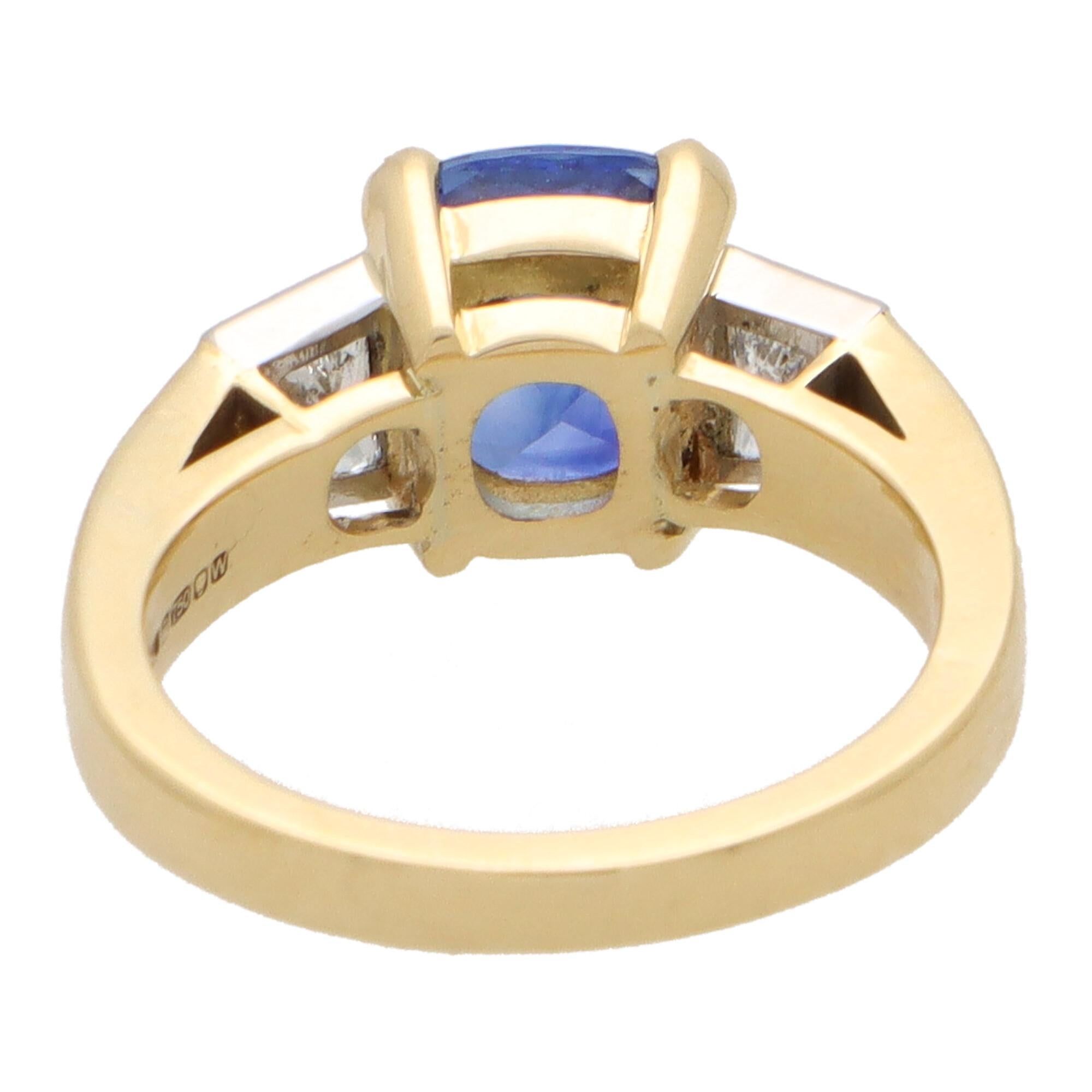 Cushion Cut Blue Sapphire and Diamond Three Stone Ring in 18k Yellow and White Gold  For Sale