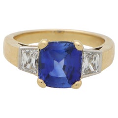 Blue Sapphire and Diamond Three Stone Ring in 18k Yellow and White Gold 