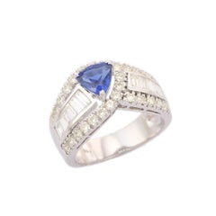Blue Sapphire and Diamond Trillion Cut Ring in 18K White Gold