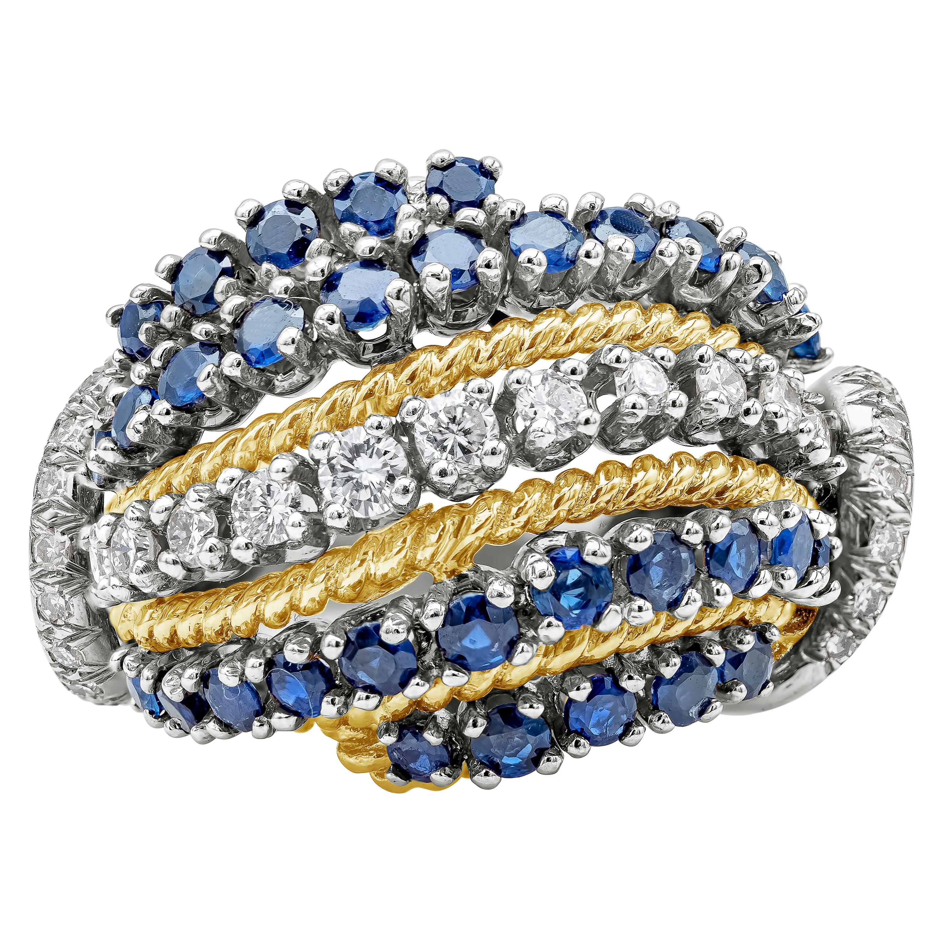 1,90 Karat Total Brillant Runder Blauer Saphir und Diamant Mode Dome Ring