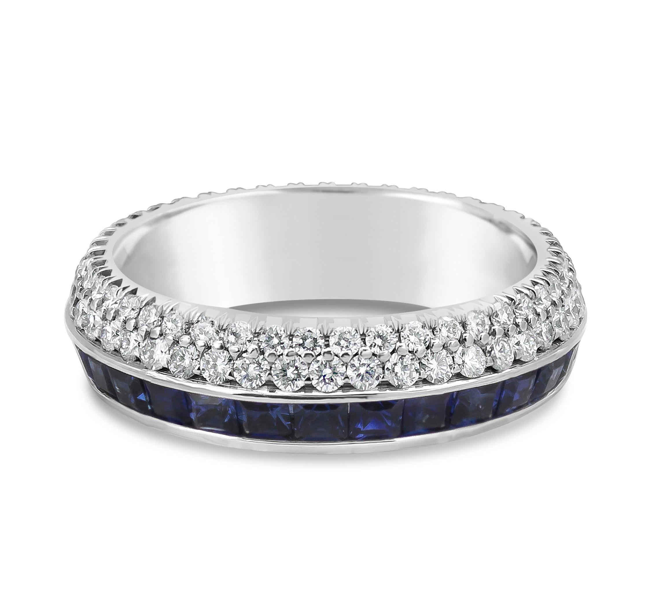 A modern and chic wedding band style showcasing a row of color-rich blue sapphires weighing 2.49 carats total, and round brilliant diamonds weighing 1.10 carats total, in palladium. The ring is designed to be reversible. Size 6.5 US. 

Style