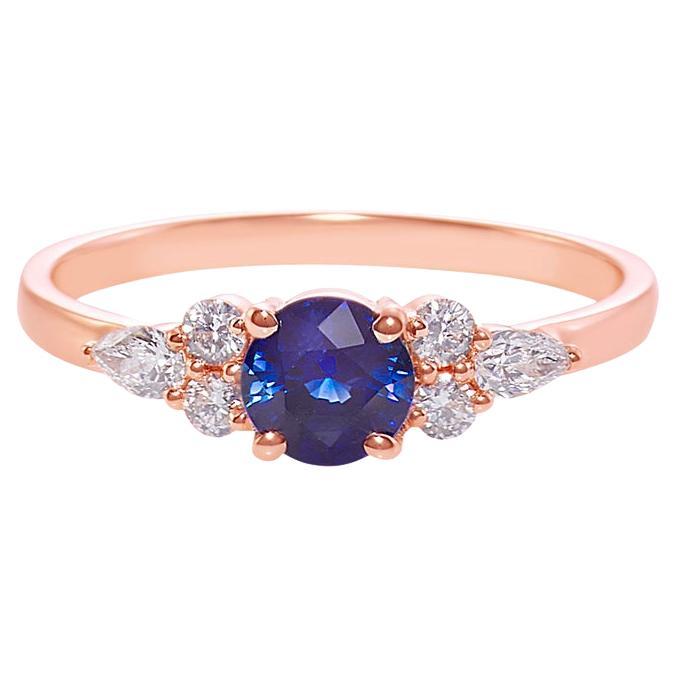 En vente :  Bague de fiançailles unique en or rose 14 carats, saphir bleu et diamant, cadeau pour elle