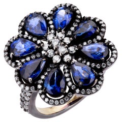 Blue Sapphire and Diamond Victorian Flower Ring