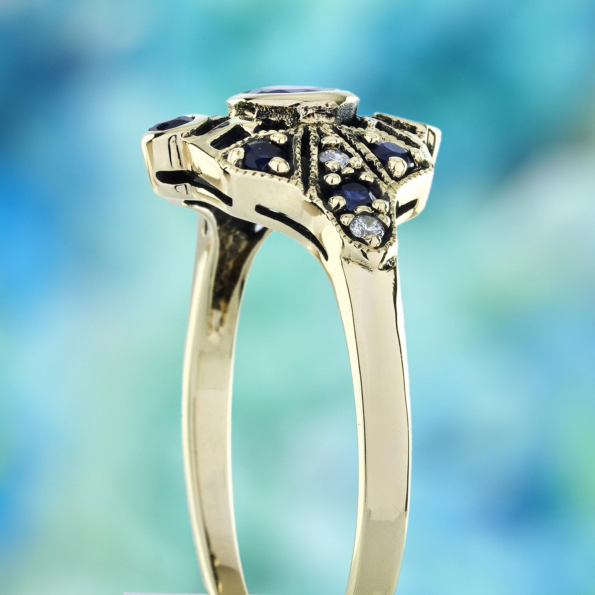 De las mujeres Anillo en racimo estilo vintage de zafiro azul y diamante en oro amarillo macizo de 9 quilates en venta