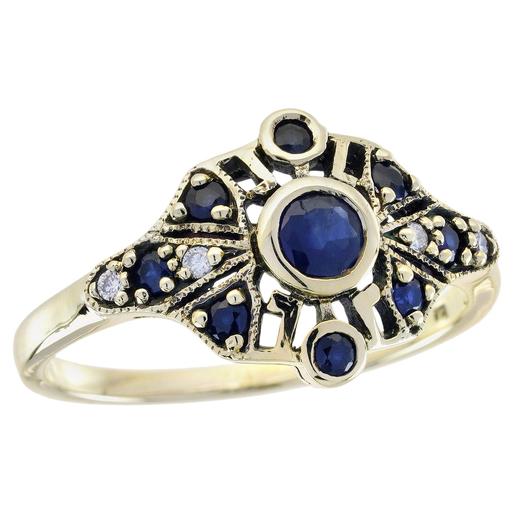 Anillo en racimo estilo vintage de zafiro azul y diamante en oro amarillo macizo de 9 quilates en venta
