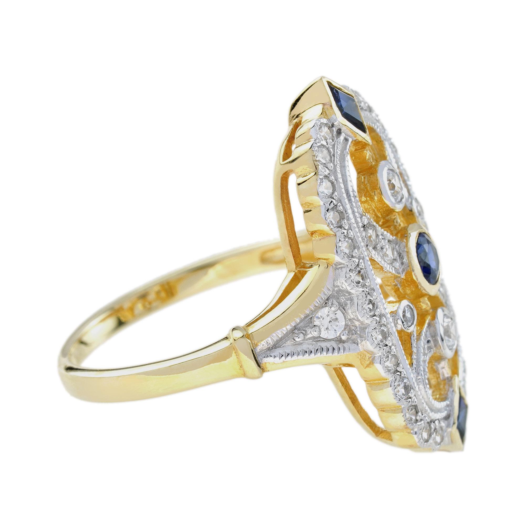 For Sale:  Blue Sapphire and Diamond Vintage Style Filigree Ring in 14K Two Tone Gold 4
