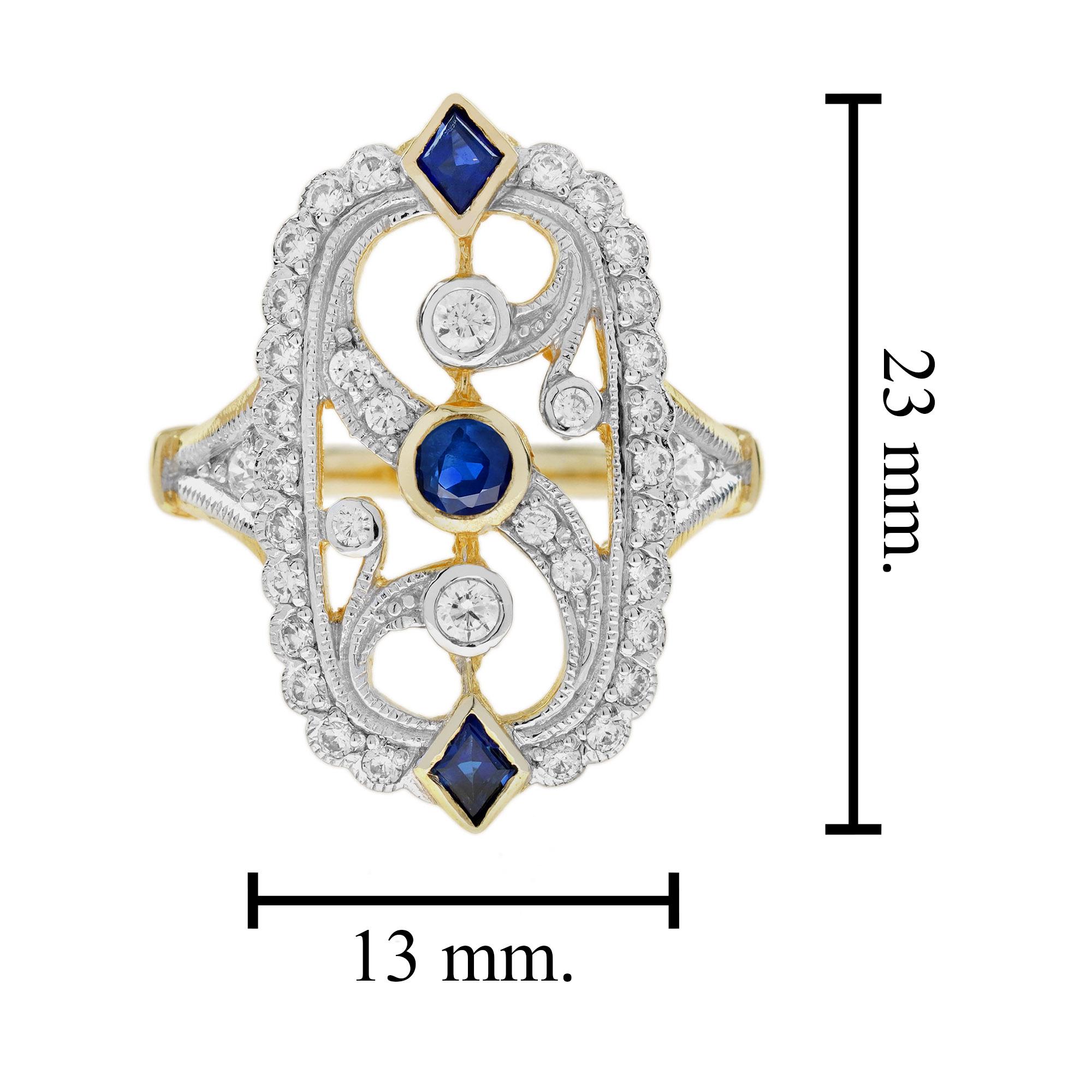 For Sale:  Blue Sapphire and Diamond Vintage Style Filigree Ring in 14K Two Tone Gold 7
