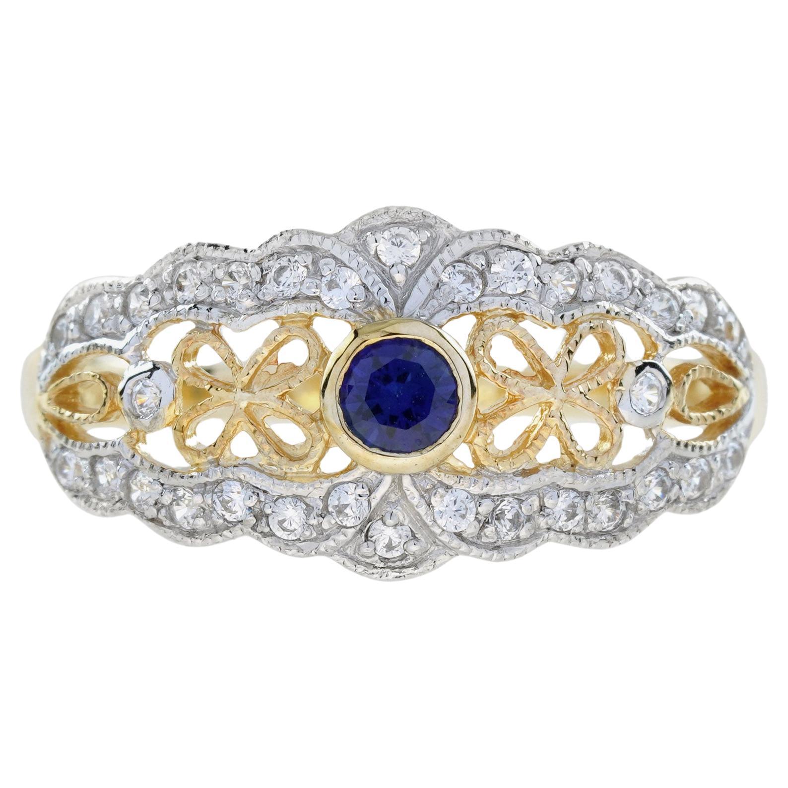 For Sale:  Blue Sapphire and Diamond Vintage Style Filigree Ring in 14K Two Tone Gold