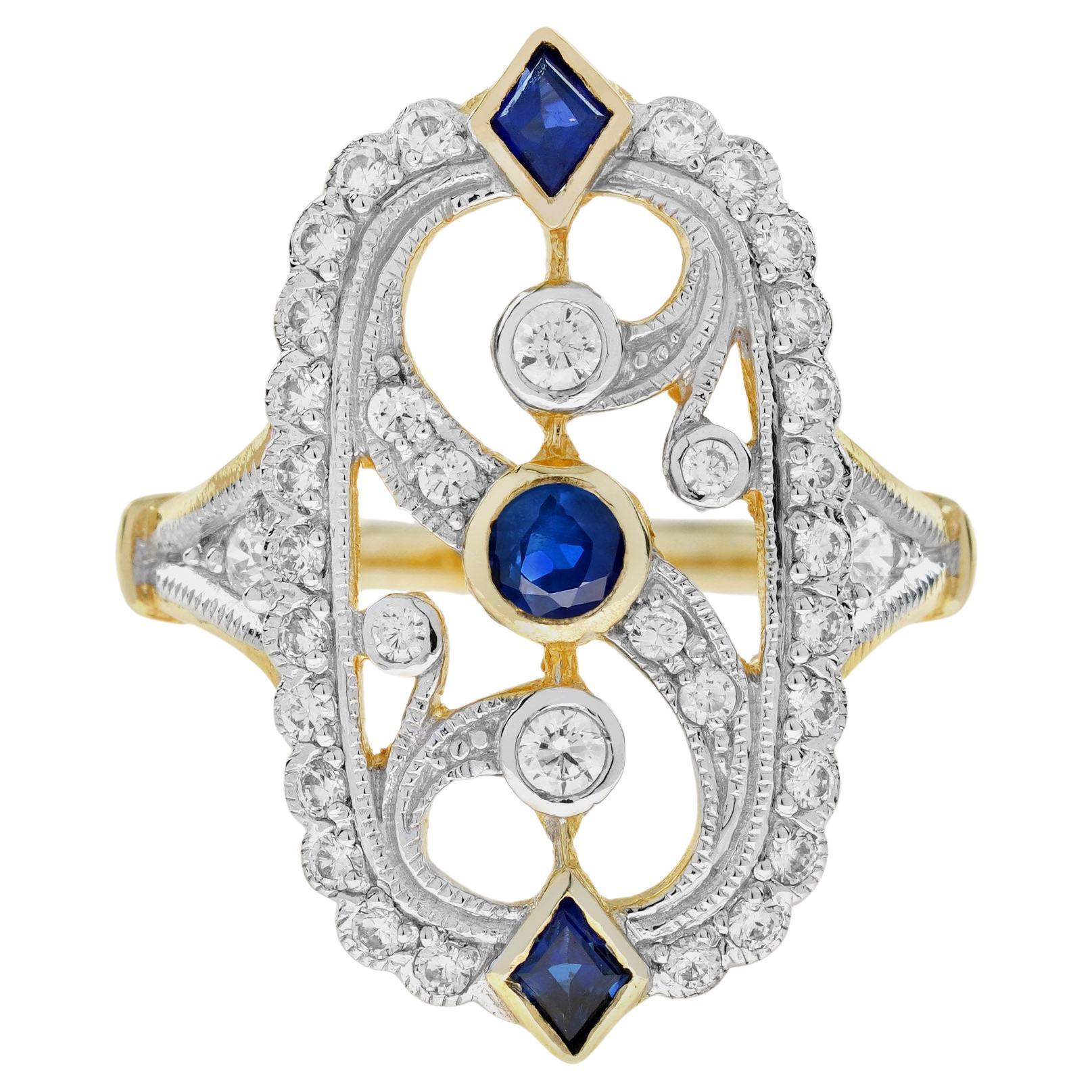 Filigraner Vintage-Ring aus 14K zweifarbigem Gold mit blauem Saphir und Diamant im Vintage-Stil