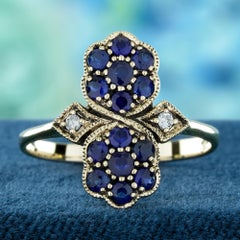 Blue Sapphire and Diamond Vintage Style Floral Ring in Solid 9K Yellow Gold