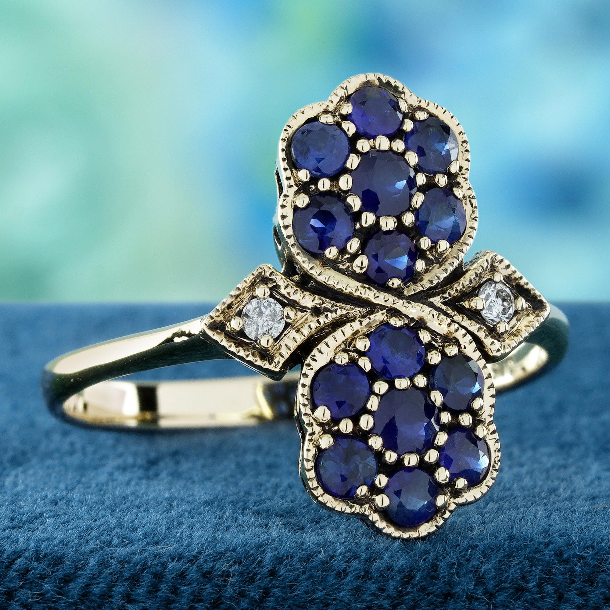 Edwardian Blue Sapphire and Diamond Vintage Style Floral Ring in Solid 9K Yellow Gold For Sale