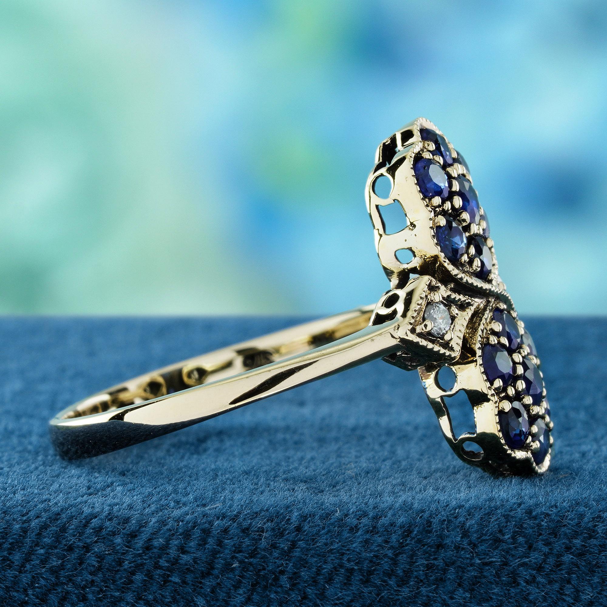 Round Cut Blue Sapphire and Diamond Vintage Style Floral Ring in Solid 9K Yellow Gold For Sale