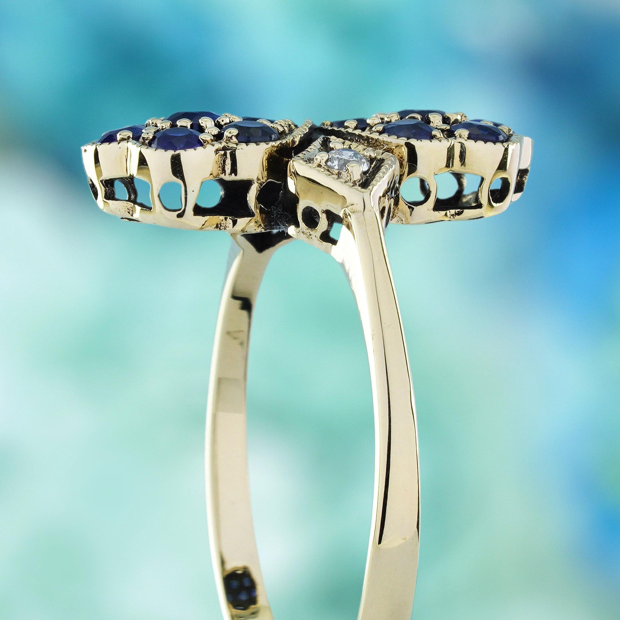 Women's or Men's Blue Sapphire and Diamond Vintage Style Floral Ring in Solid 9K Yellow Gold For Sale